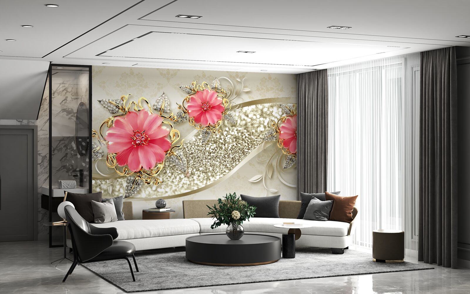 Fototapeta pąki gerbery o czerwonym odcieniu na złotych gałęziach