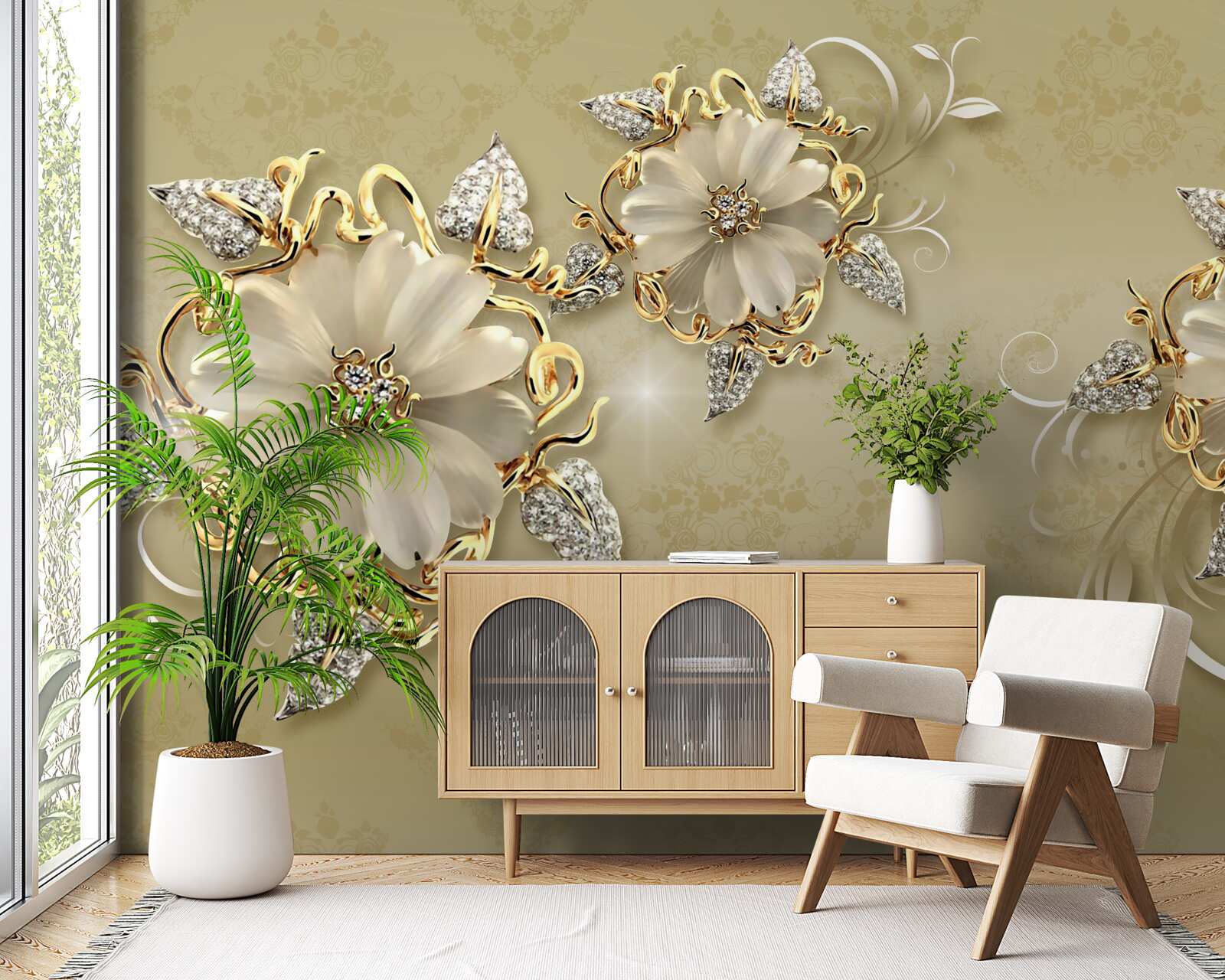 Fototapeta kwiaty są śnieżnobiałe, a gałązki mienią się złotem i srebrem