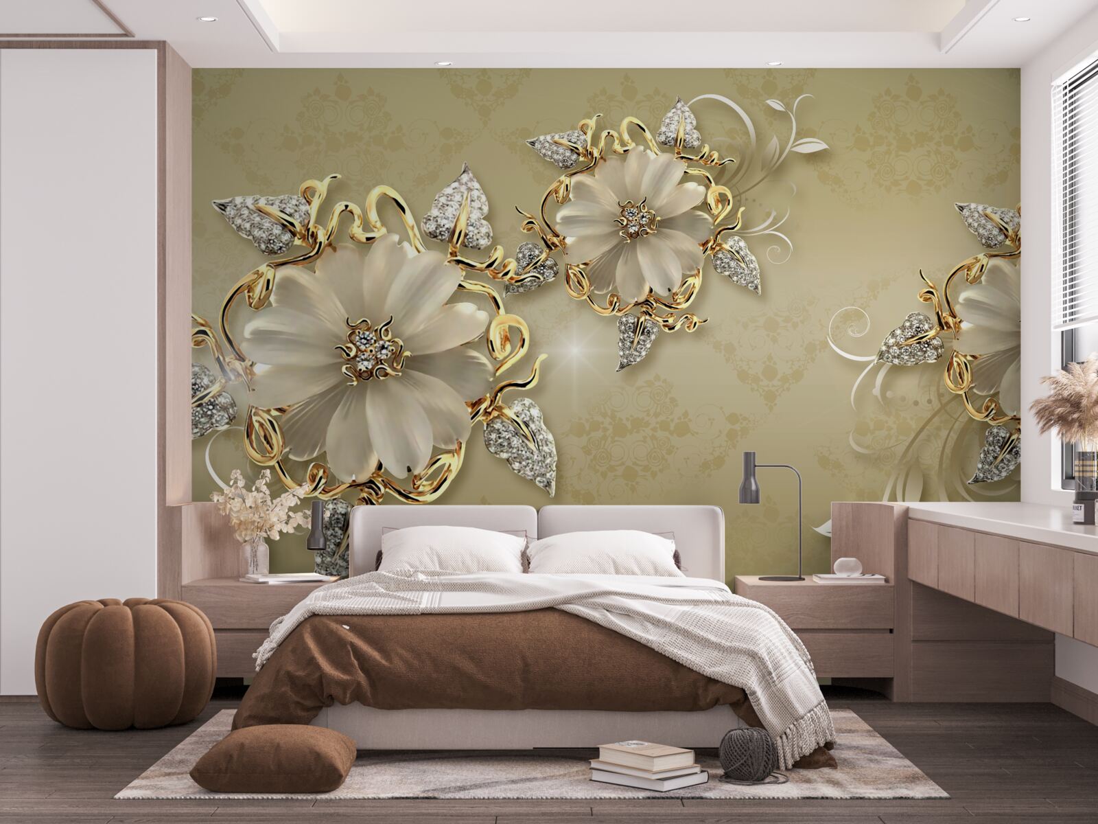 Fototapeta kwiaty są śnieżnobiałe, a gałązki mienią się złotem i srebrem