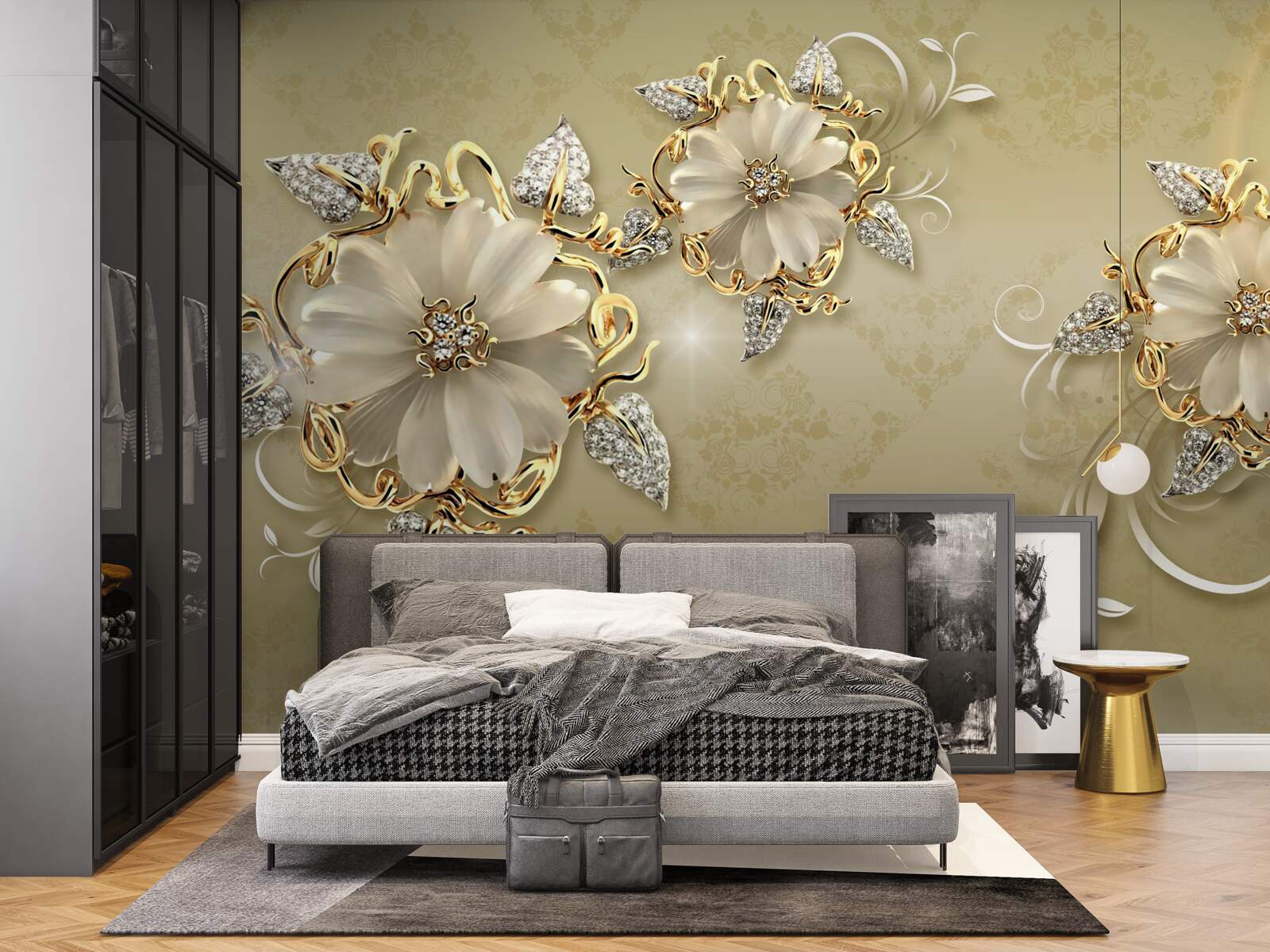 Fototapeta kwiaty są śnieżnobiałe, a gałązki mienią się złotem i srebrem