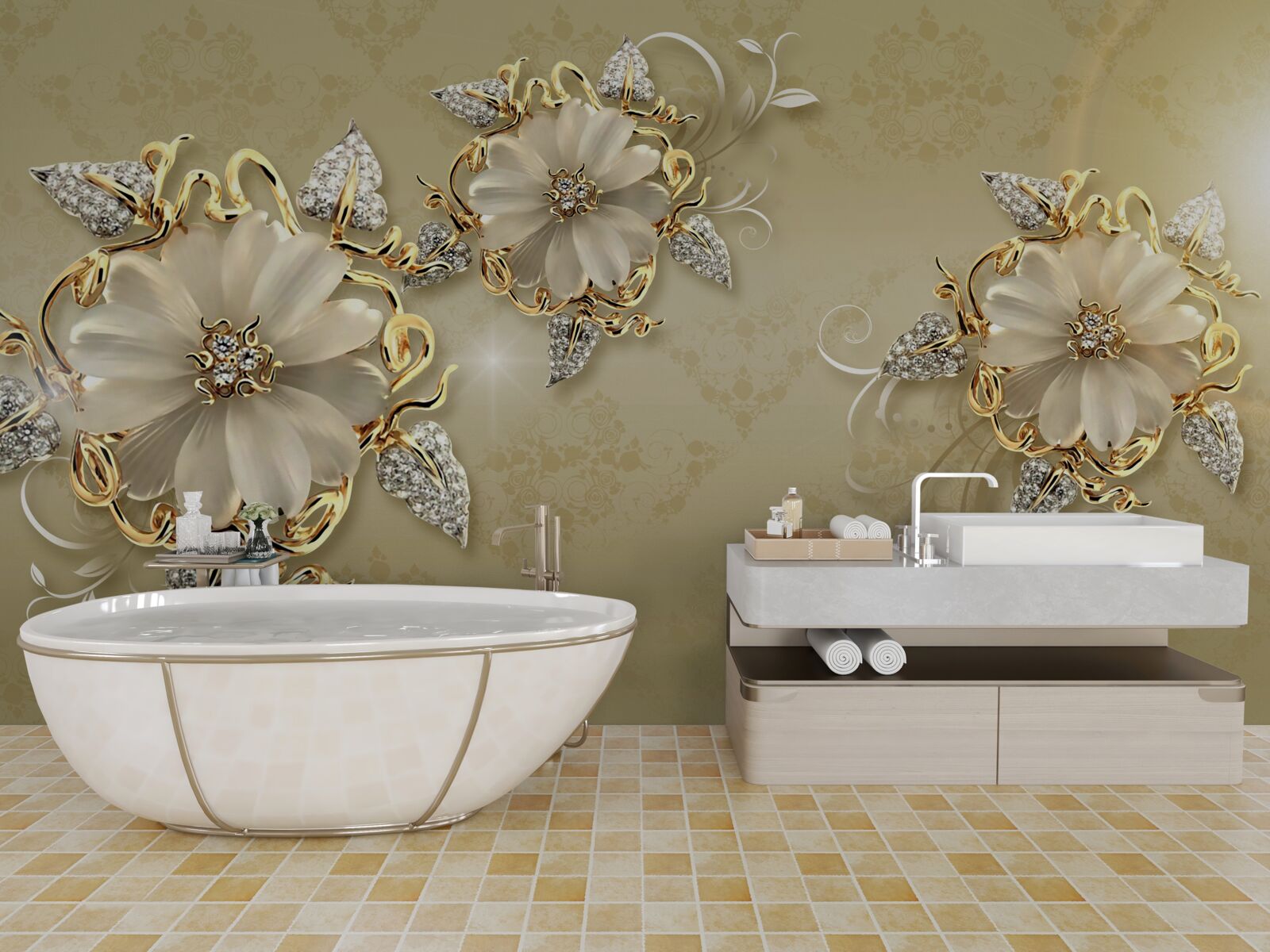 Fototapeta kwiaty są śnieżnobiałe, a gałązki mienią się złotem i srebrem