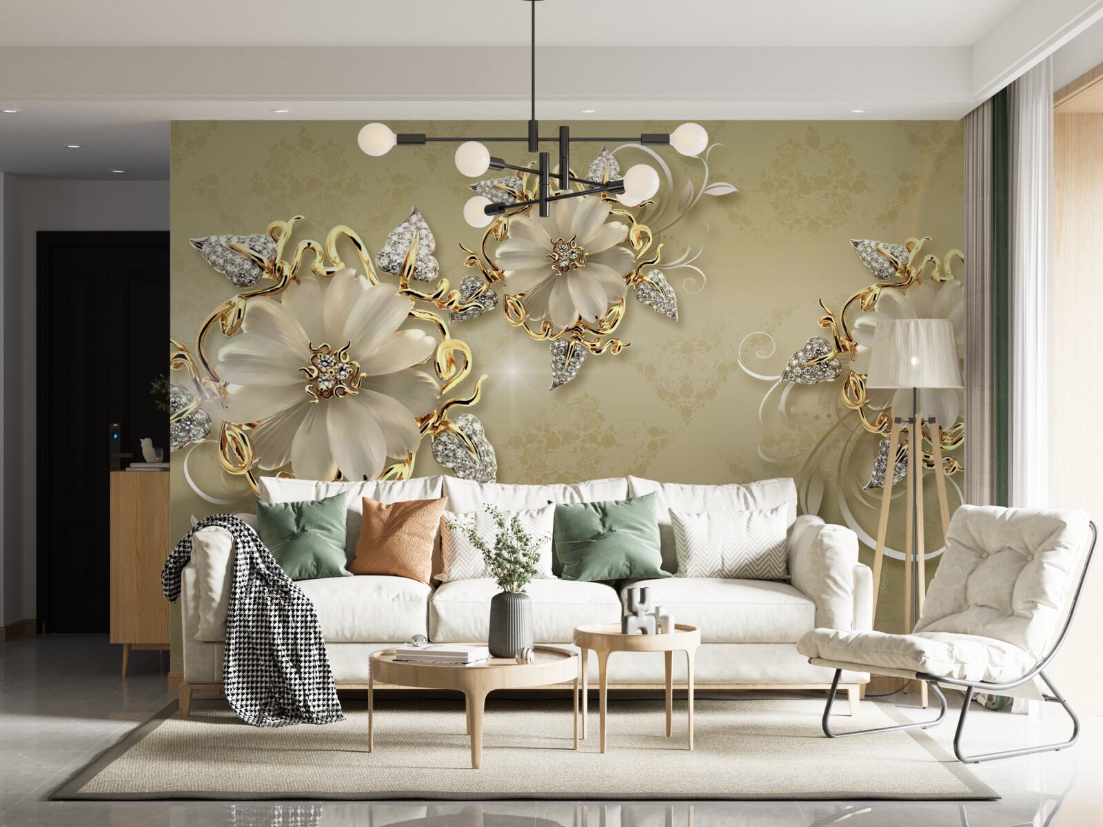 Fototapeta kwiaty są śnieżnobiałe, a gałązki mienią się złotem i srebrem