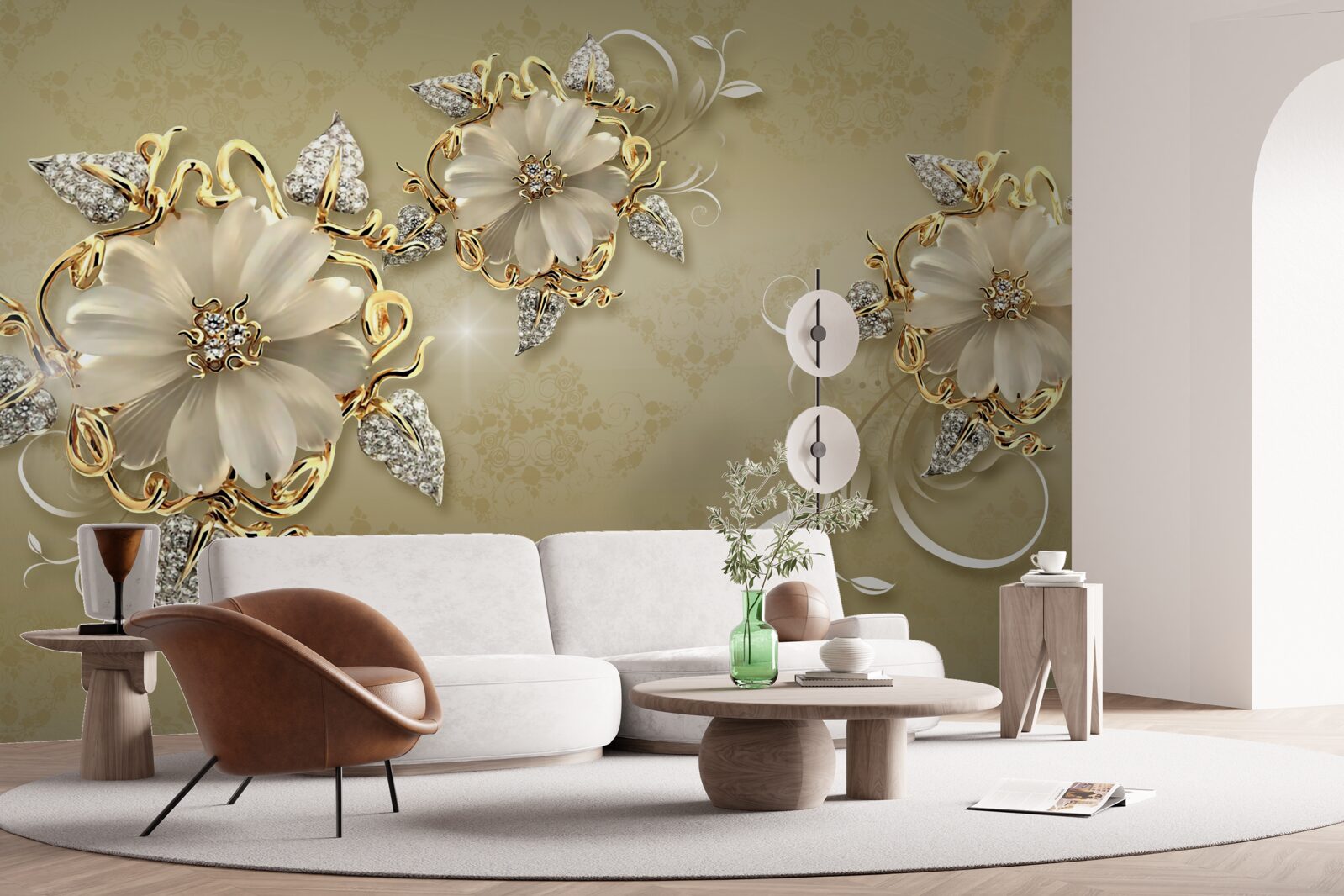 Fototapeta kwiaty są śnieżnobiałe, a gałązki mienią się złotem i srebrem