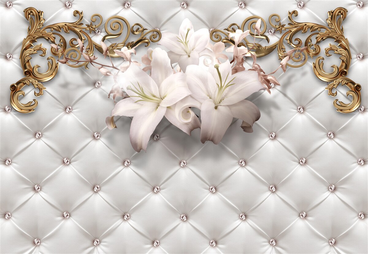 Fototapeta kwiaty w odcieniach bieli, ozdobione kryształkami i złotem