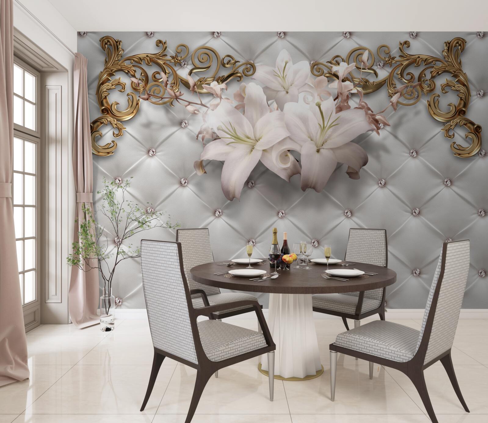 Fototapeta kwiaty w odcieniach bieli, ozdobione kryształkami i złotem