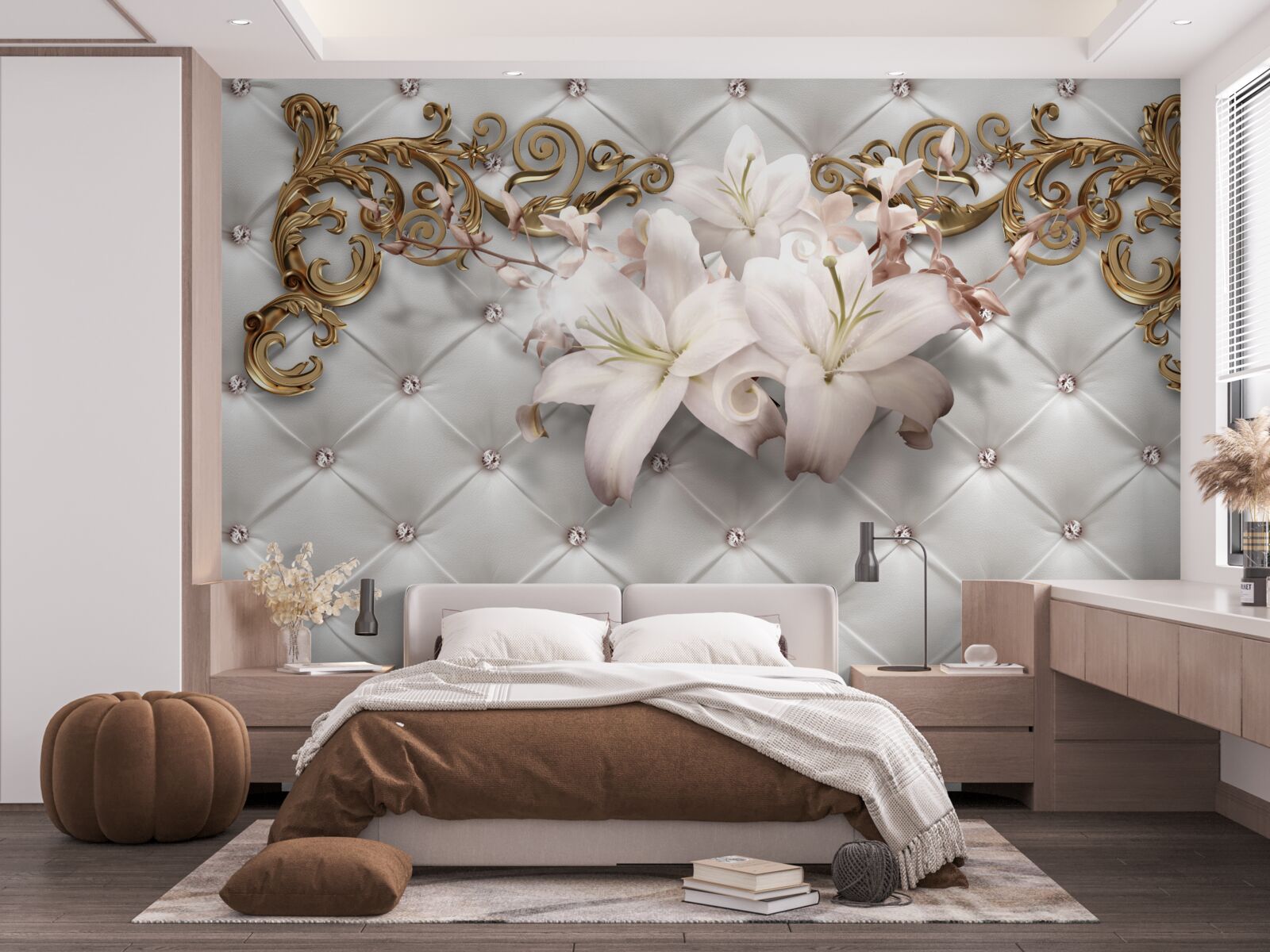 Fototapeta kwiaty w odcieniach bieli, ozdobione kryształkami i złotem