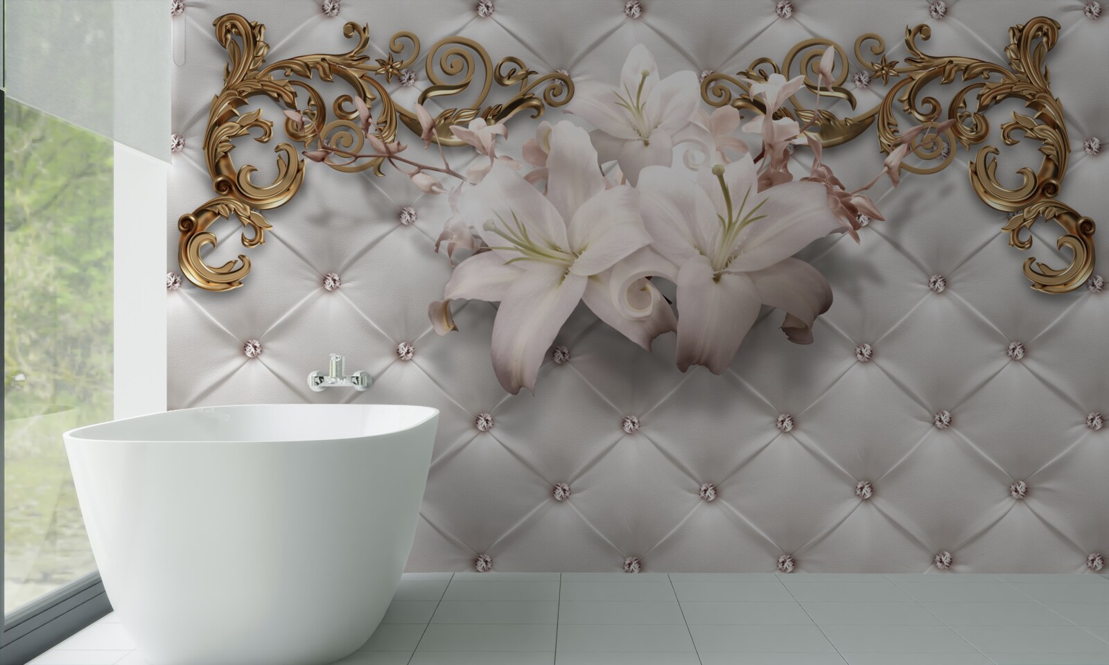 Fototapeta kwiaty w odcieniach bieli, ozdobione kryształkami i złotem