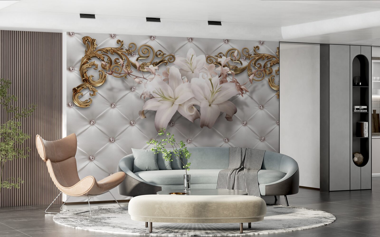 Fototapeta kwiaty w odcieniach bieli, ozdobione kryształkami i złotem