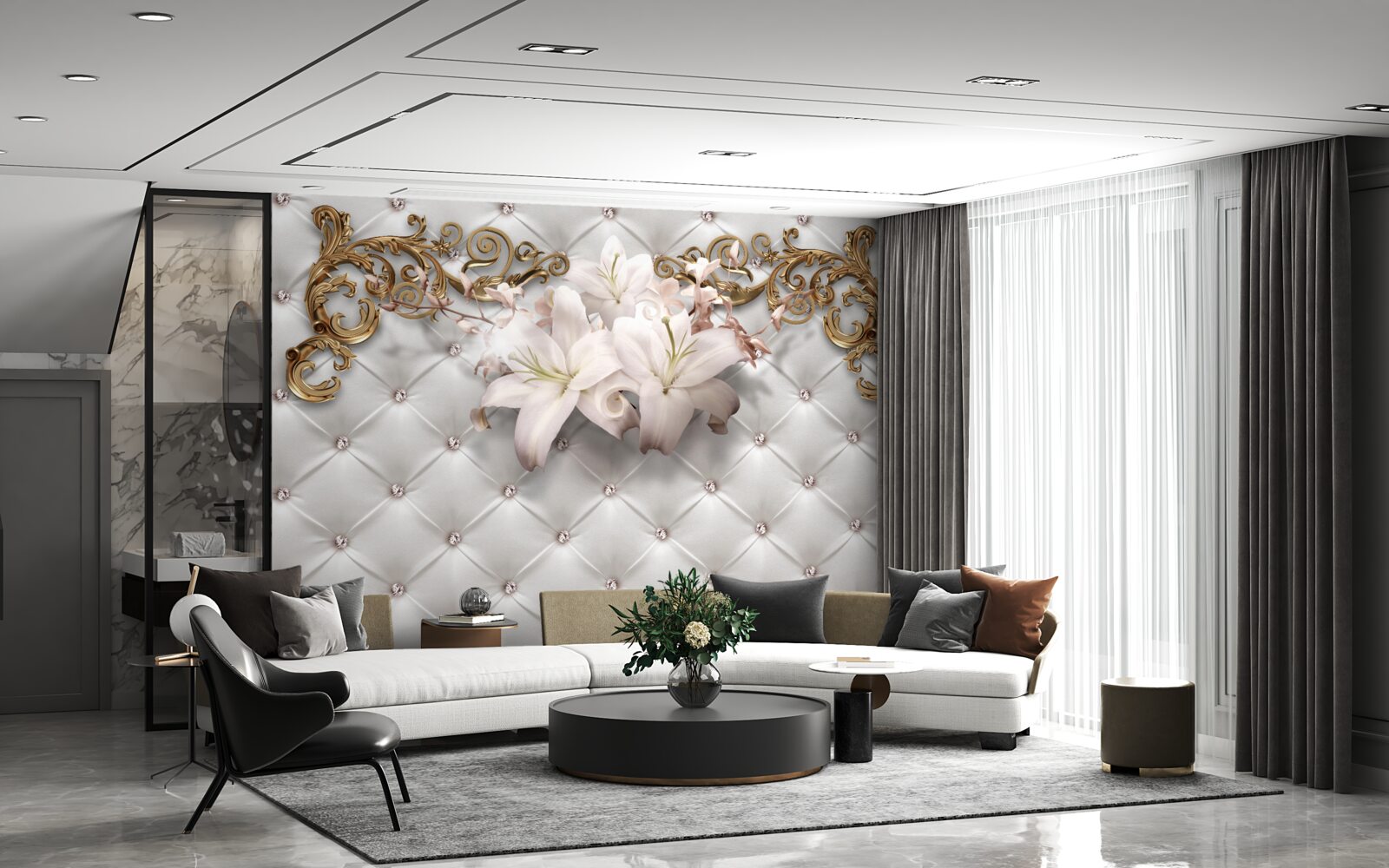 Fototapeta kwiaty w odcieniach bieli, ozdobione kryształkami i złotem