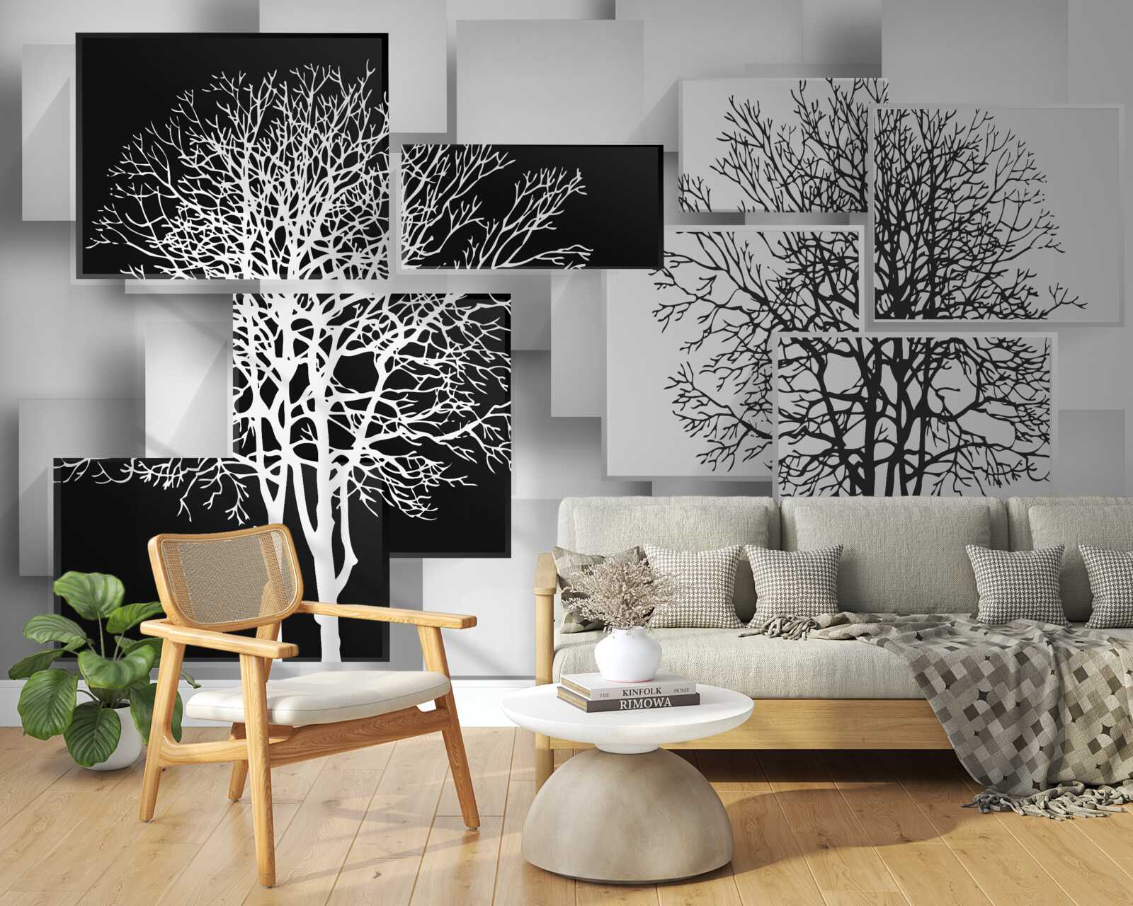 Fototapeta drzewa są biało-czarne na tle prostokątów
