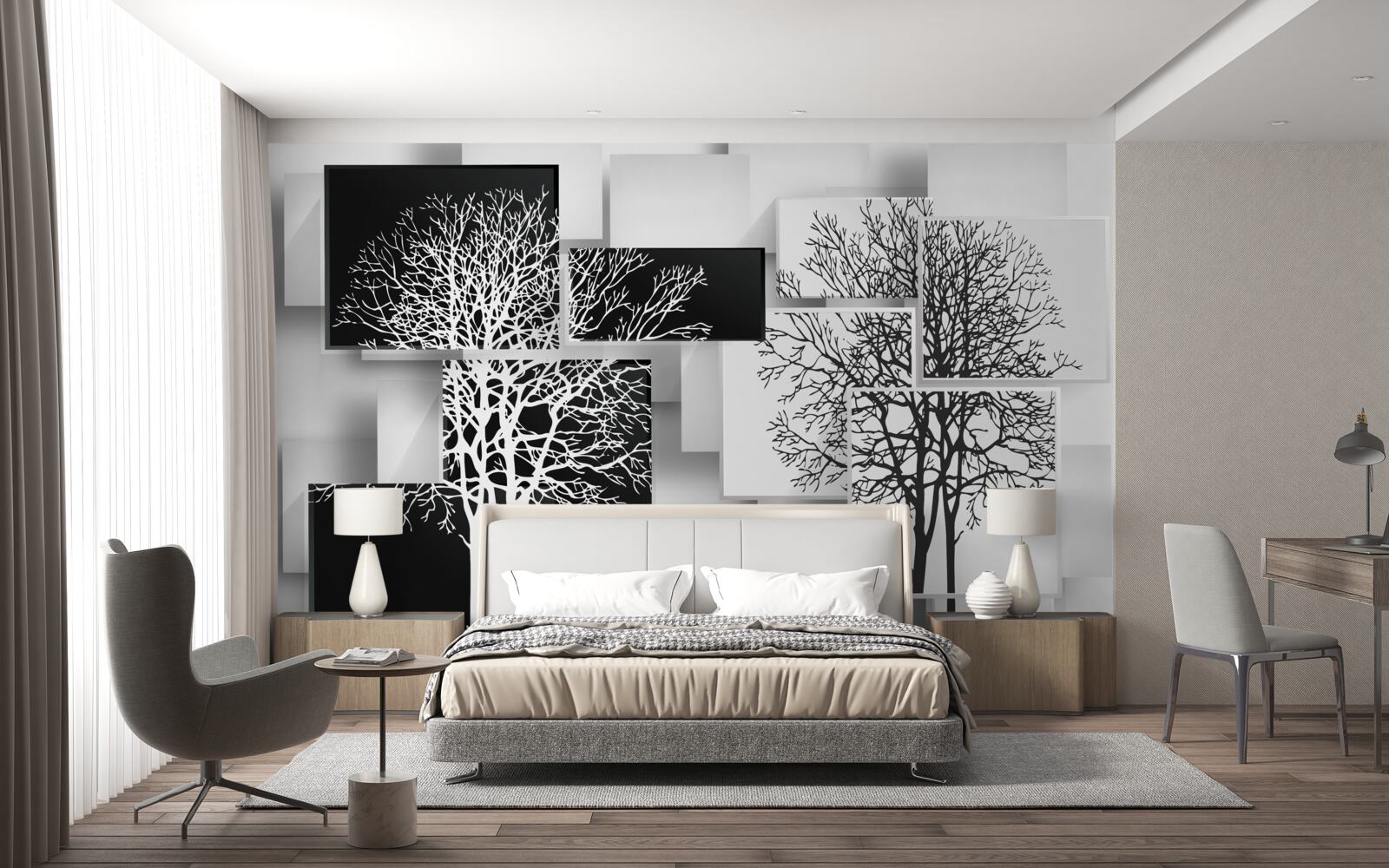 Fototapeta drzewa są biało-czarne na tle prostokątów