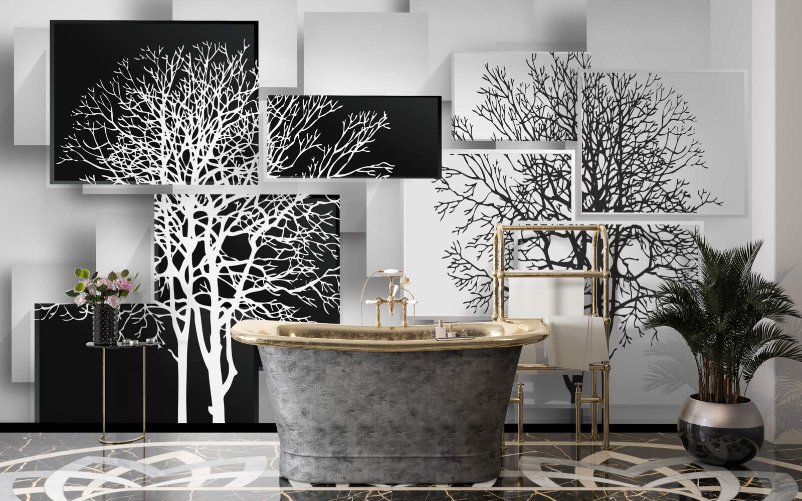 Fototapeta drzewa są biało-czarne na tle prostokątów