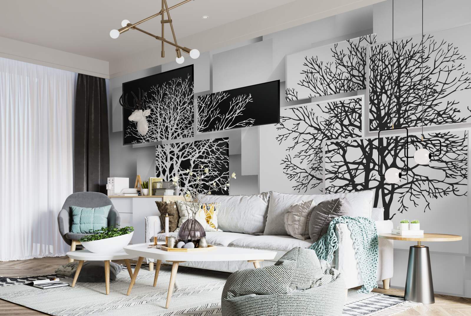 Fototapeta drzewa są biało-czarne na tle prostokątów