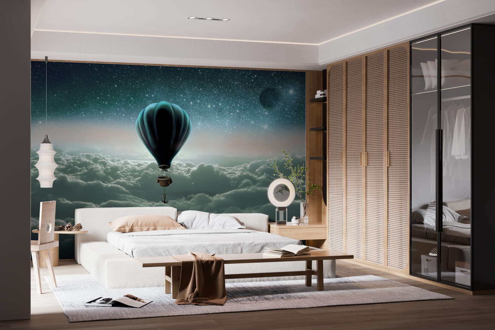 Fototapeta nocny balon na ogrzane powietrze unoszący się nad chmurami