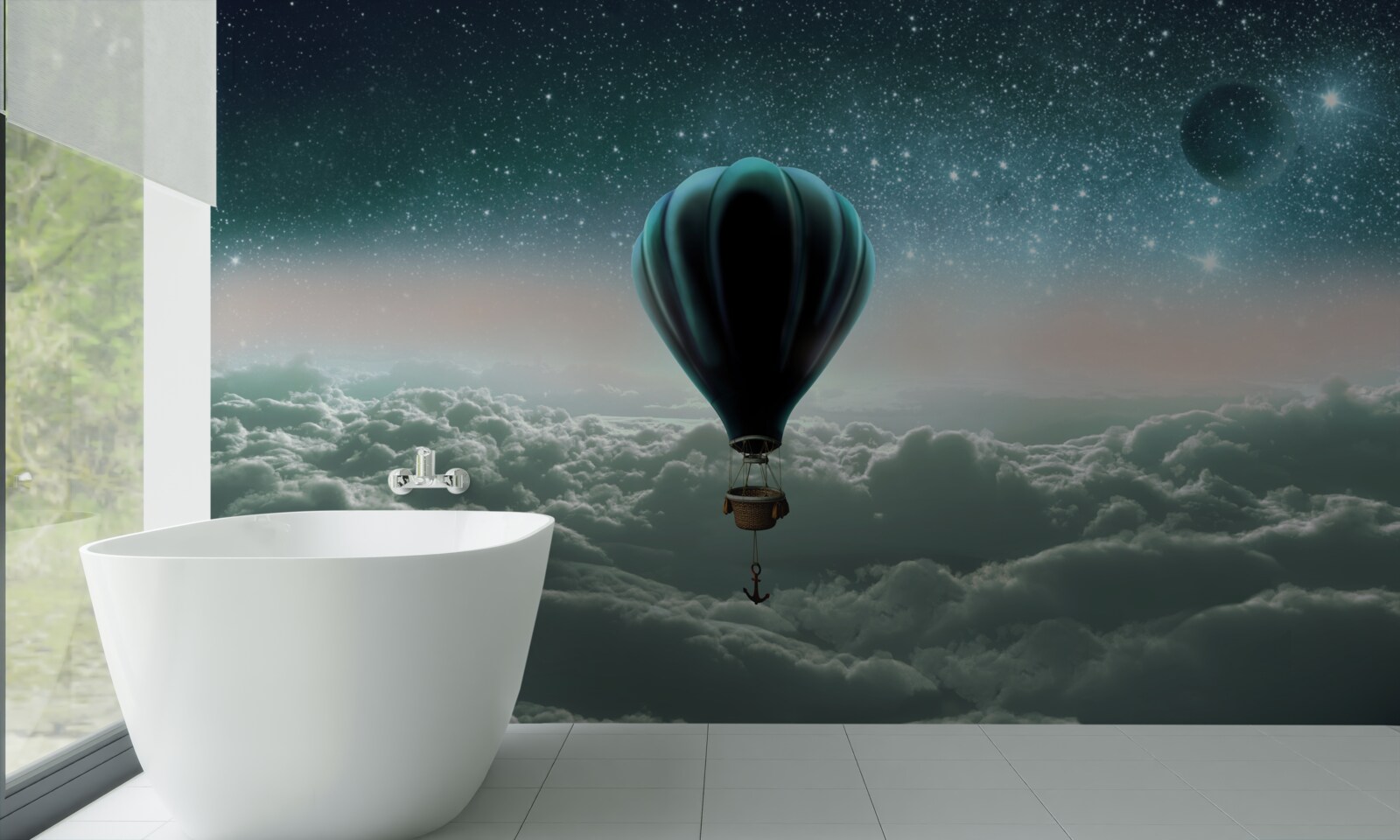 Fototapeta nocny balon na ogrzane powietrze unoszący się nad chmurami