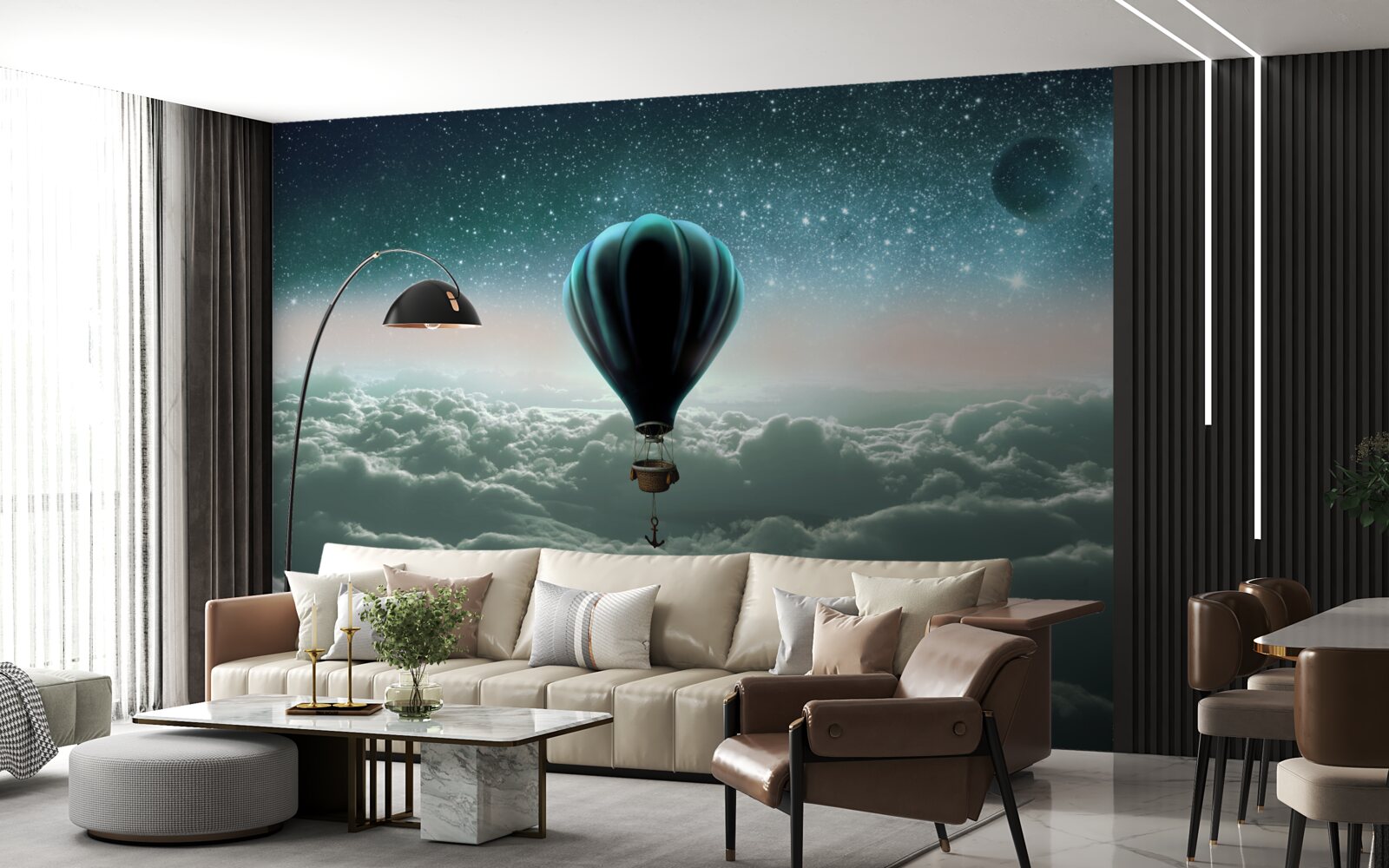 Fototapeta nocny balon na ogrzane powietrze unoszący się nad chmurami