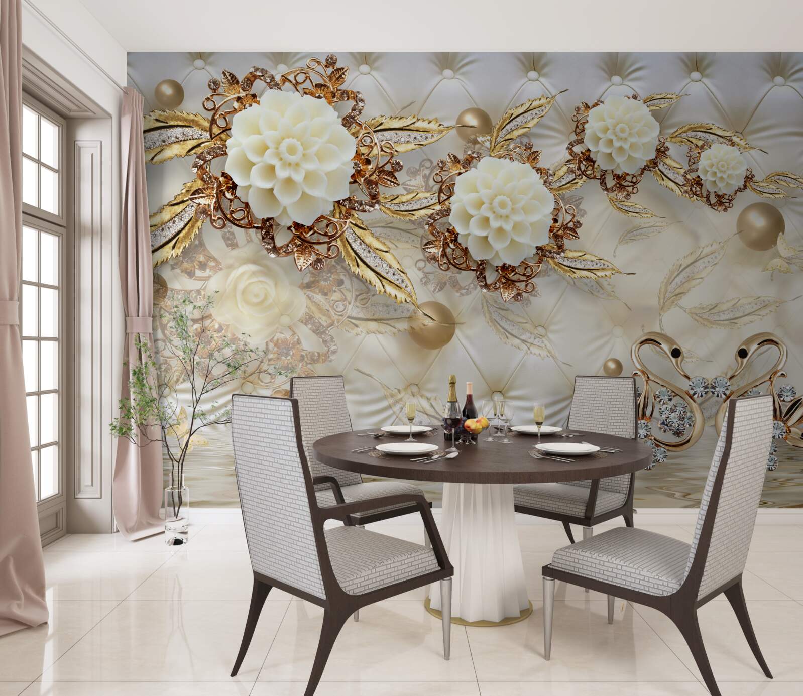 Fototapeta złote łabędzie i lekkie pąki na błyszczącym złocie