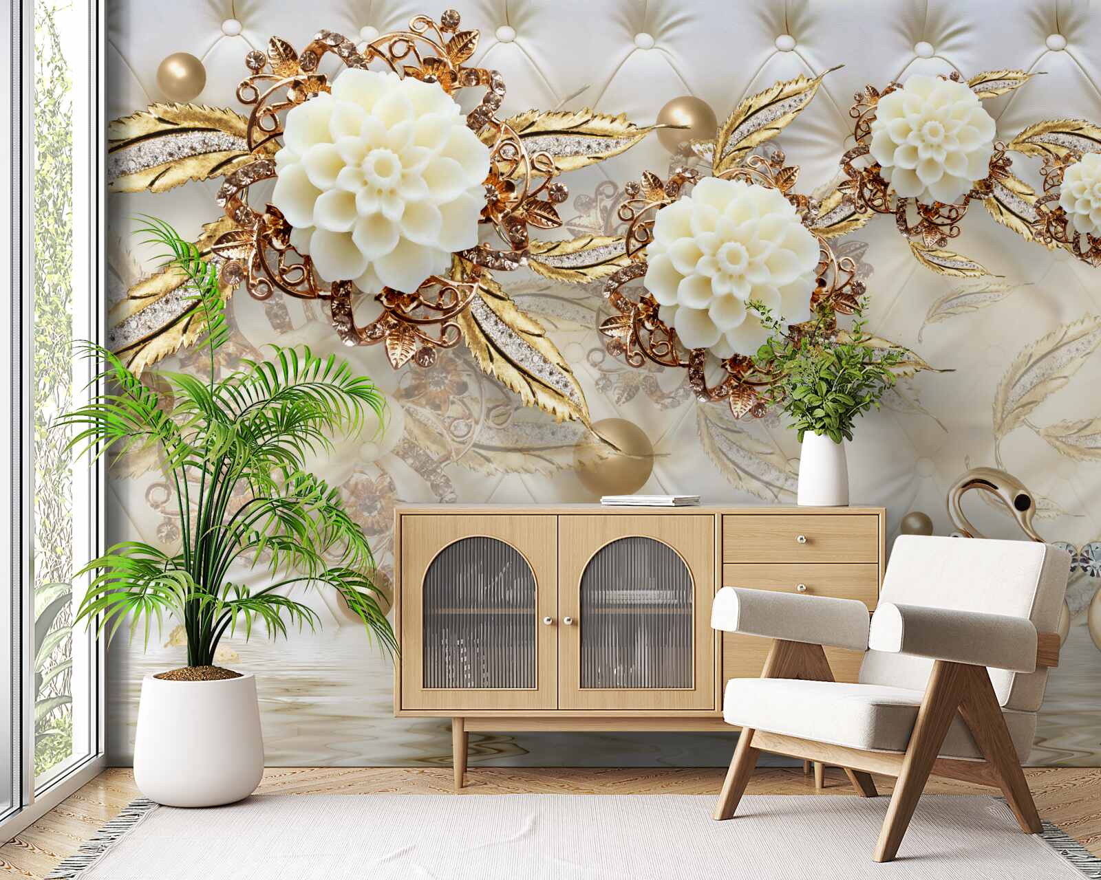 Fototapeta złote łabędzie i lekkie pąki na błyszczącym złocie