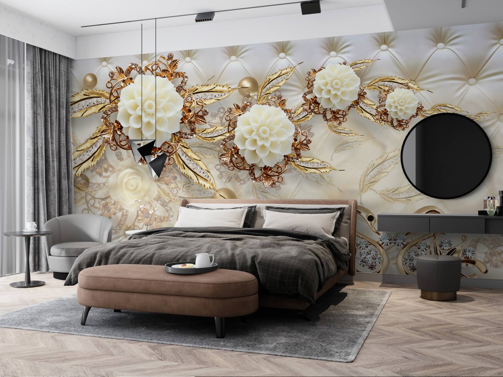 Fototapeta złote łabędzie i lekkie pąki na błyszczącym złocie