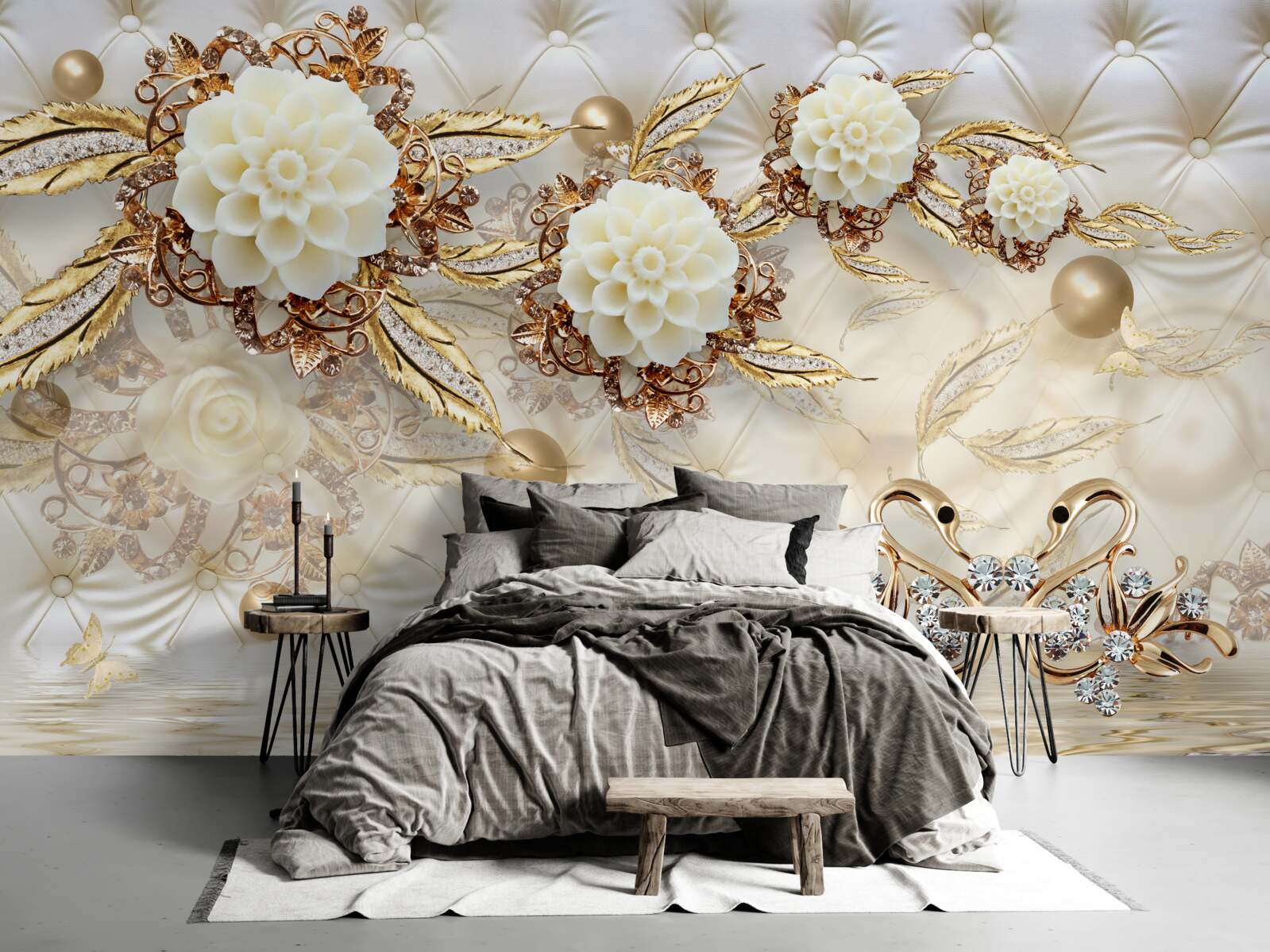 Fototapeta złote łabędzie i lekkie pąki na błyszczącym złocie