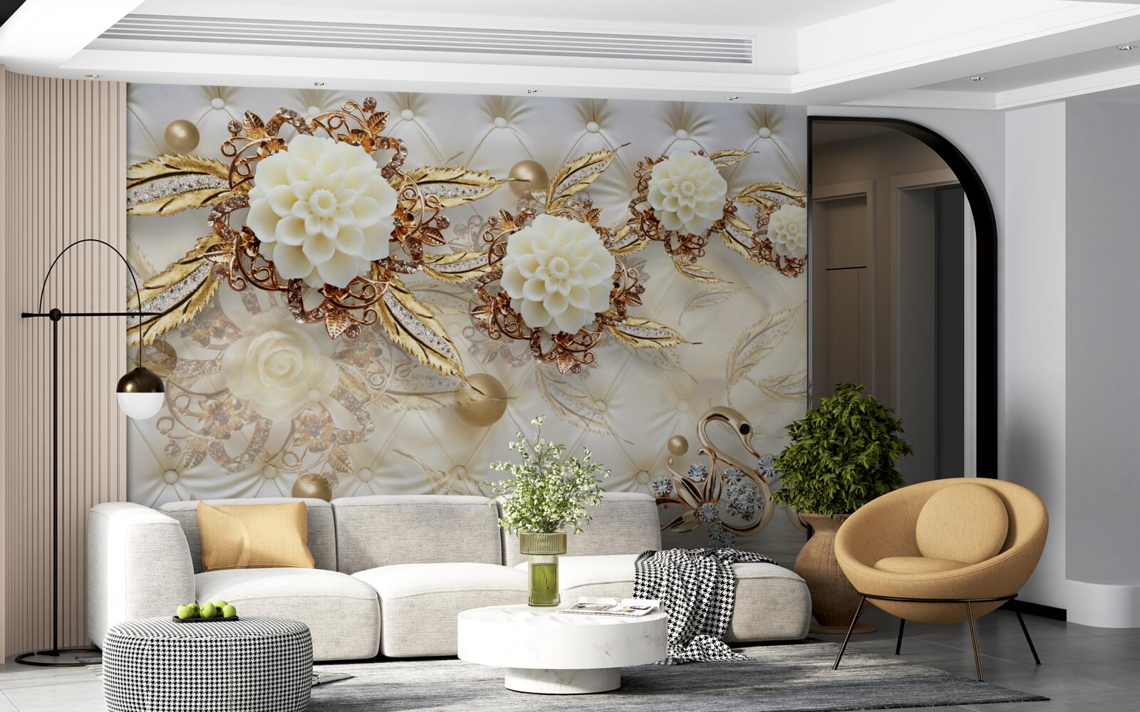 Fototapeta złote łabędzie i lekkie pąki na błyszczącym złocie