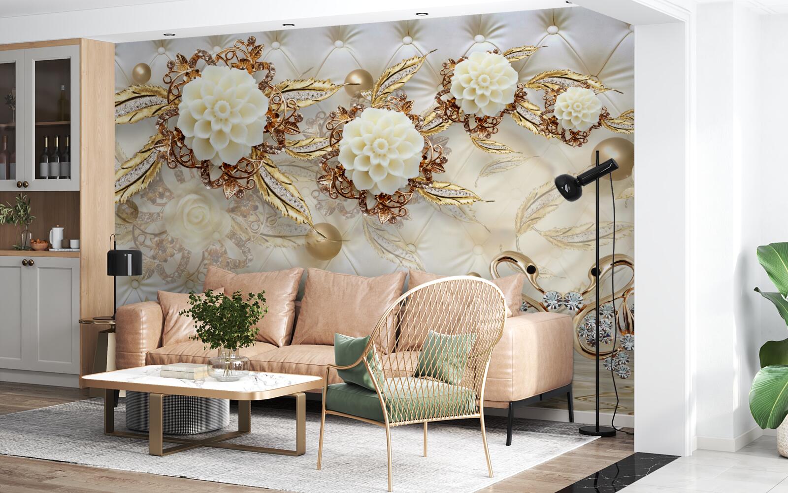 Fototapeta złote łabędzie i lekkie pąki na błyszczącym złocie