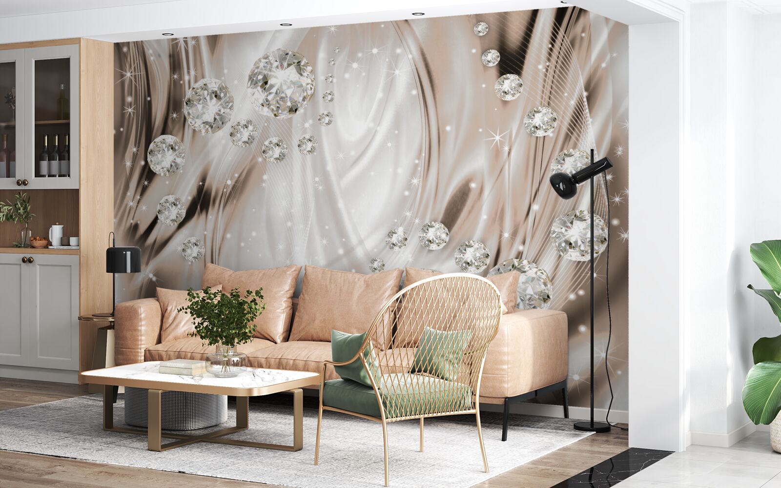 Fototapeta brązowy jedwab zdobiony jest kamieniami szlachetnymi