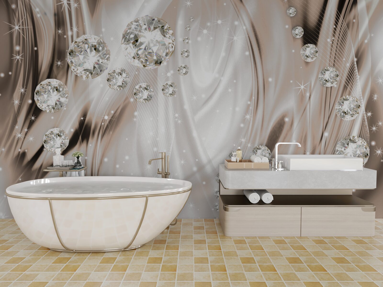 Fototapeta brązowy jedwab zdobiony jest kamieniami szlachetnymi