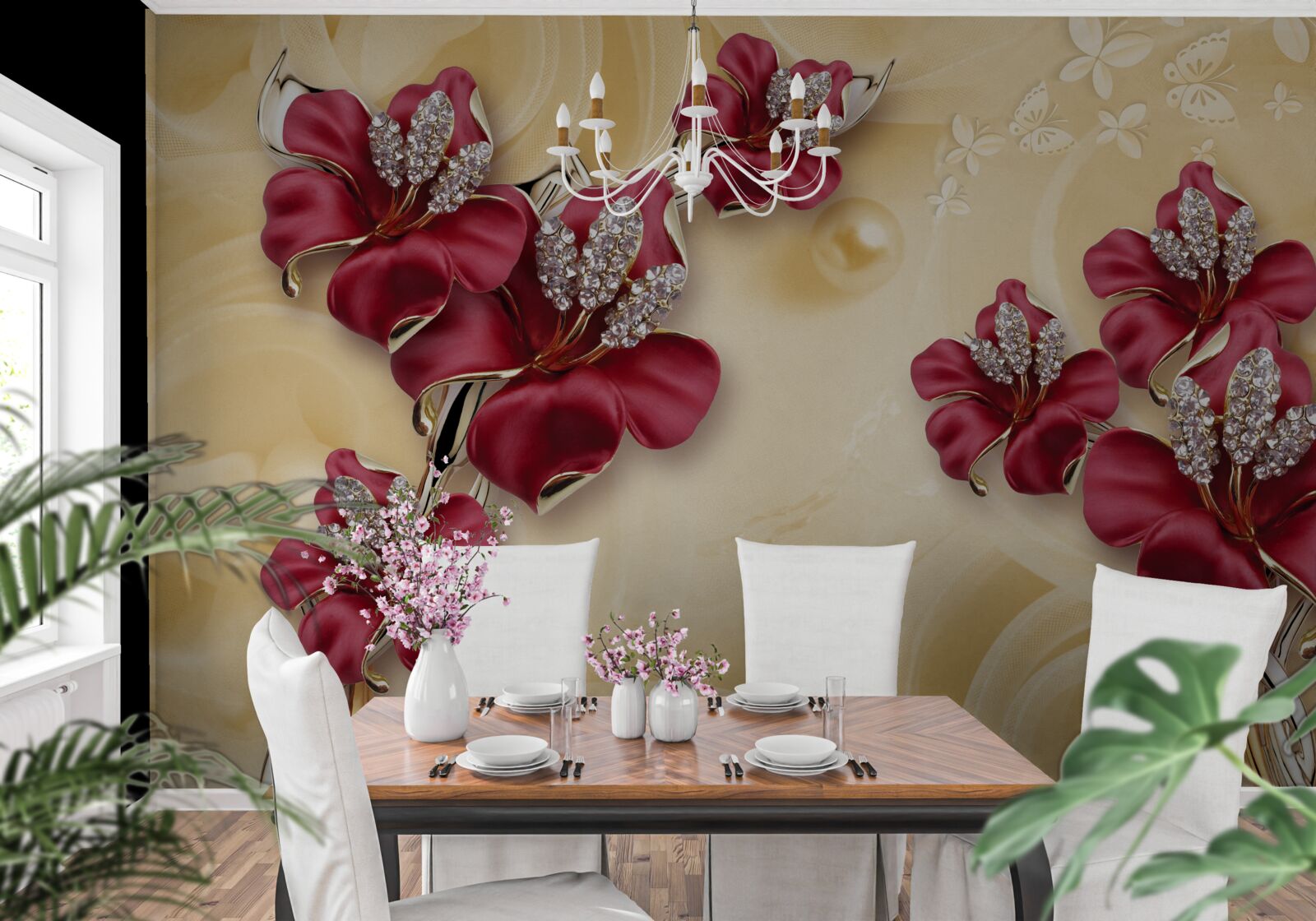 Fototapeta czerwona lilia, ozdobiona kryształkami i złotem