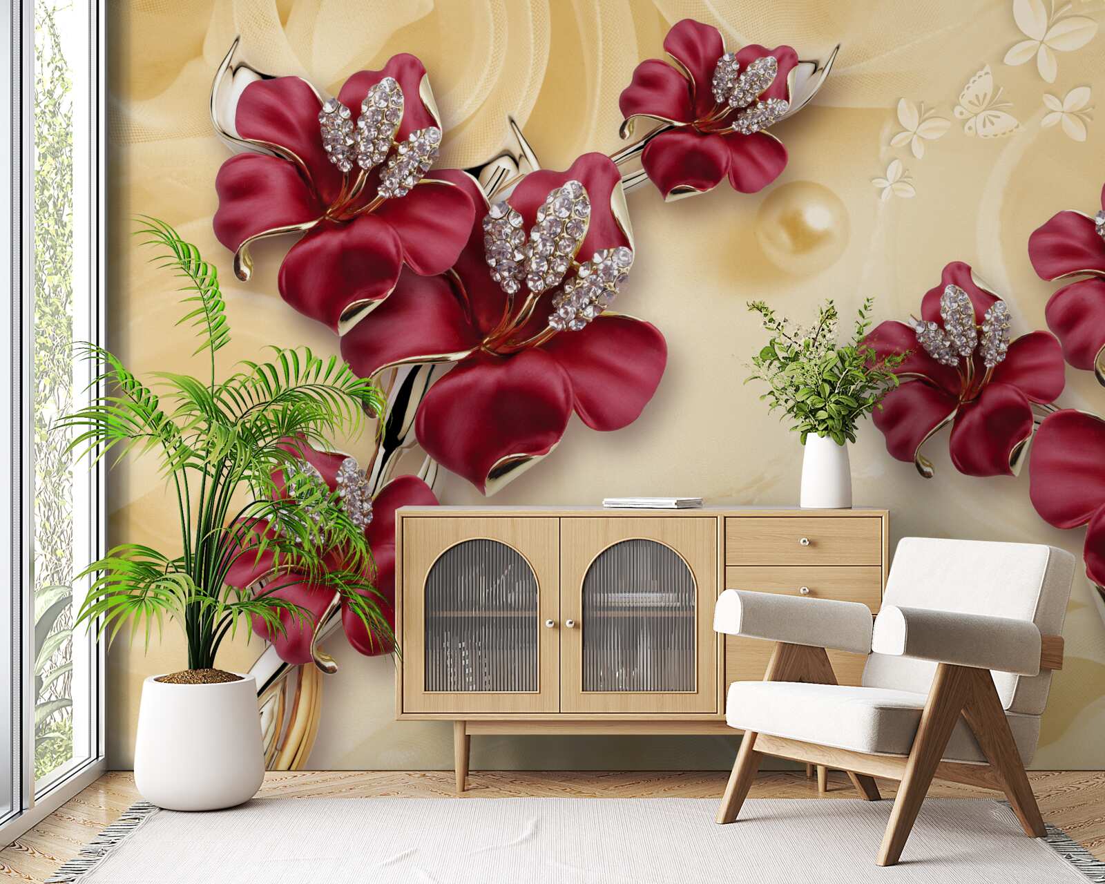 Fototapeta czerwona lilia, ozdobiona kryształkami i złotem