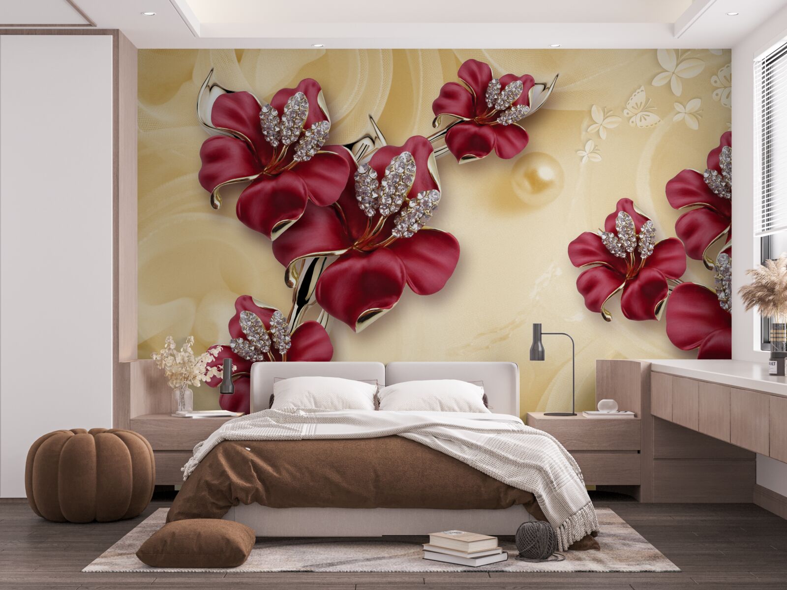 Fototapeta czerwona lilia, ozdobiona kryształkami i złotem