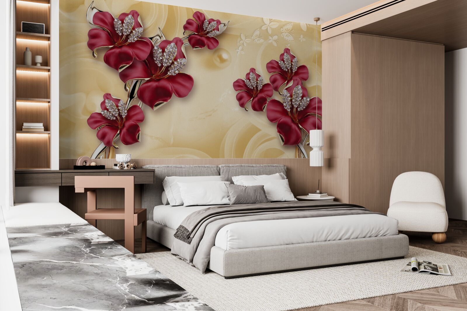 Fototapeta czerwona lilia, ozdobiona kryształkami i złotem