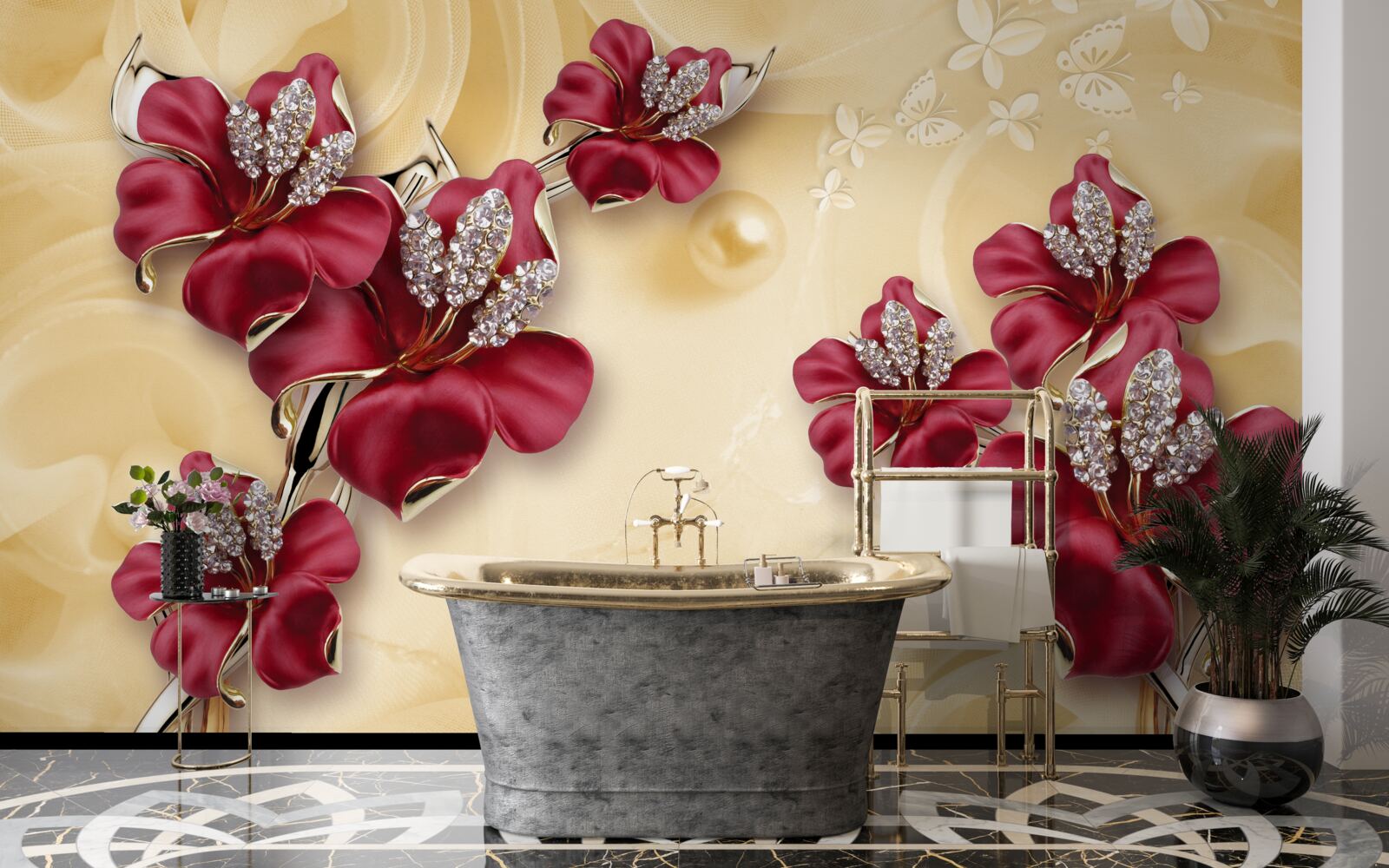 Fototapeta czerwona lilia, ozdobiona kryształkami i złotem