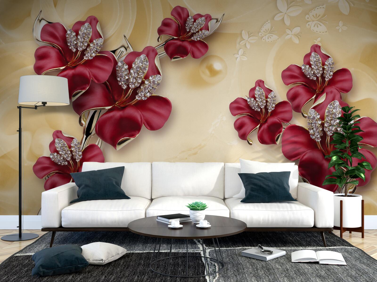 Fototapeta czerwona lilia, ozdobiona kryształkami i złotem