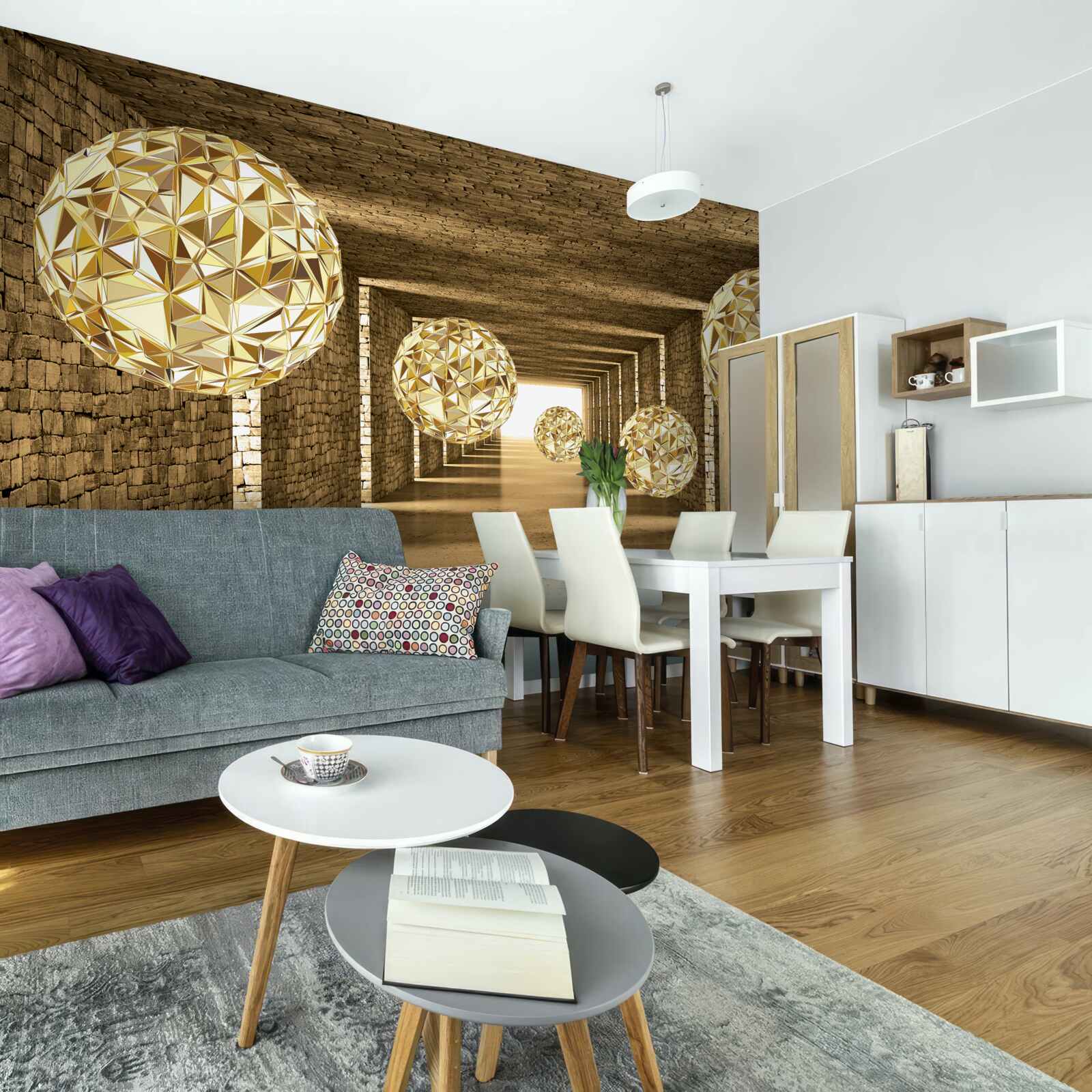 Fototapeta abstrakcyjny obraz kulek i tunelu w złotych odcieniach