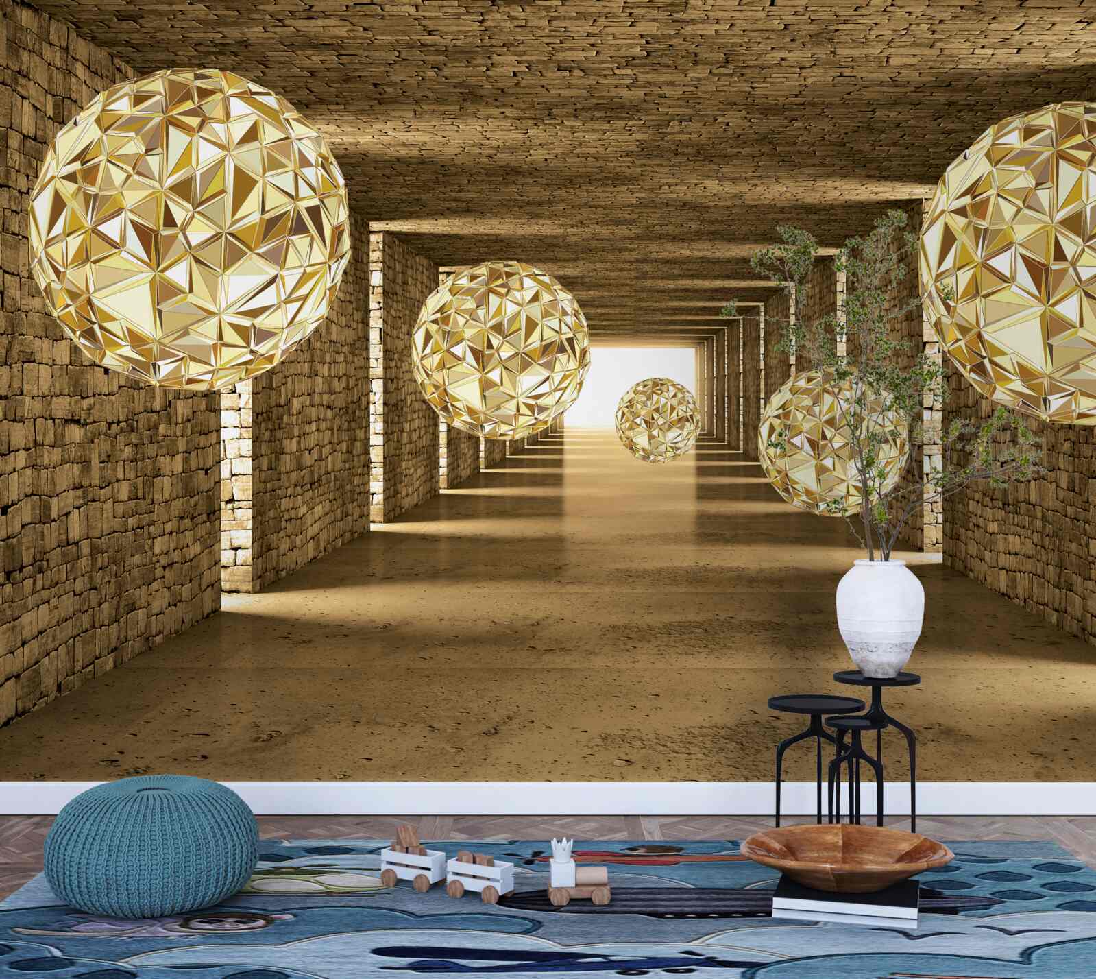 Fototapeta abstrakcyjny obraz kulek i tunelu w złotych odcieniach