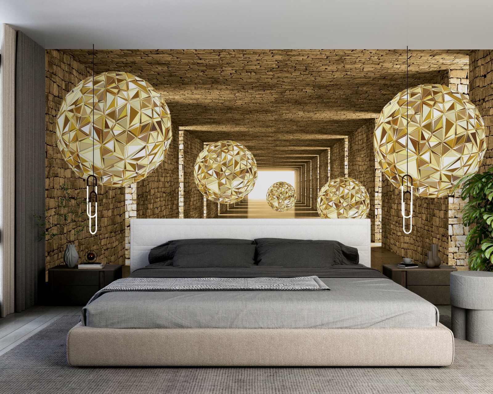 Fototapeta abstrakcyjny obraz kulek i tunelu w złotych odcieniach