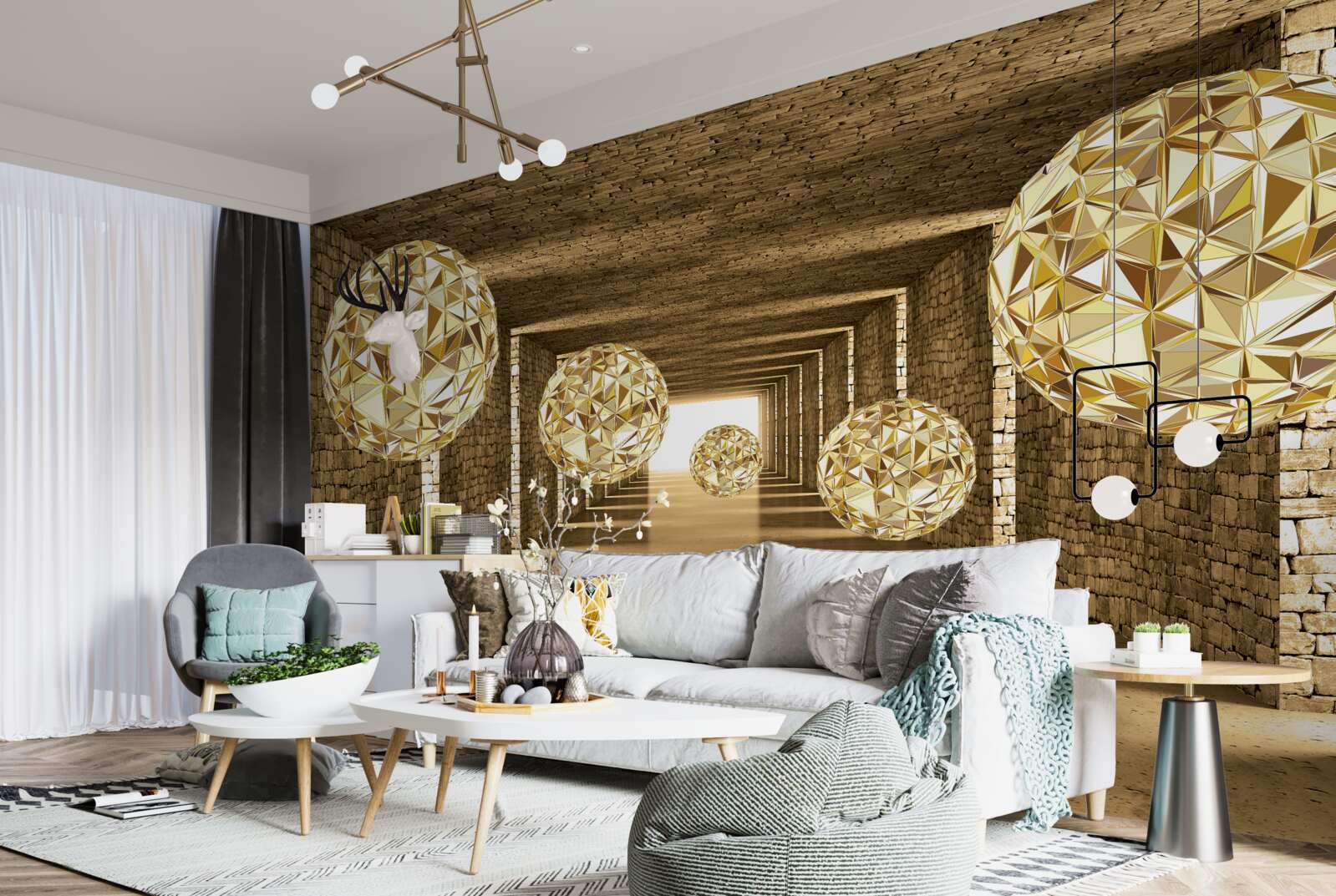 Fototapeta abstrakcyjny obraz kulek i tunelu w złotych odcieniach