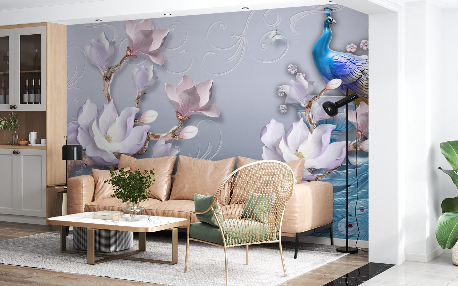 Fototapeta wspaniały paw siedzący na kwitnącym drzewie