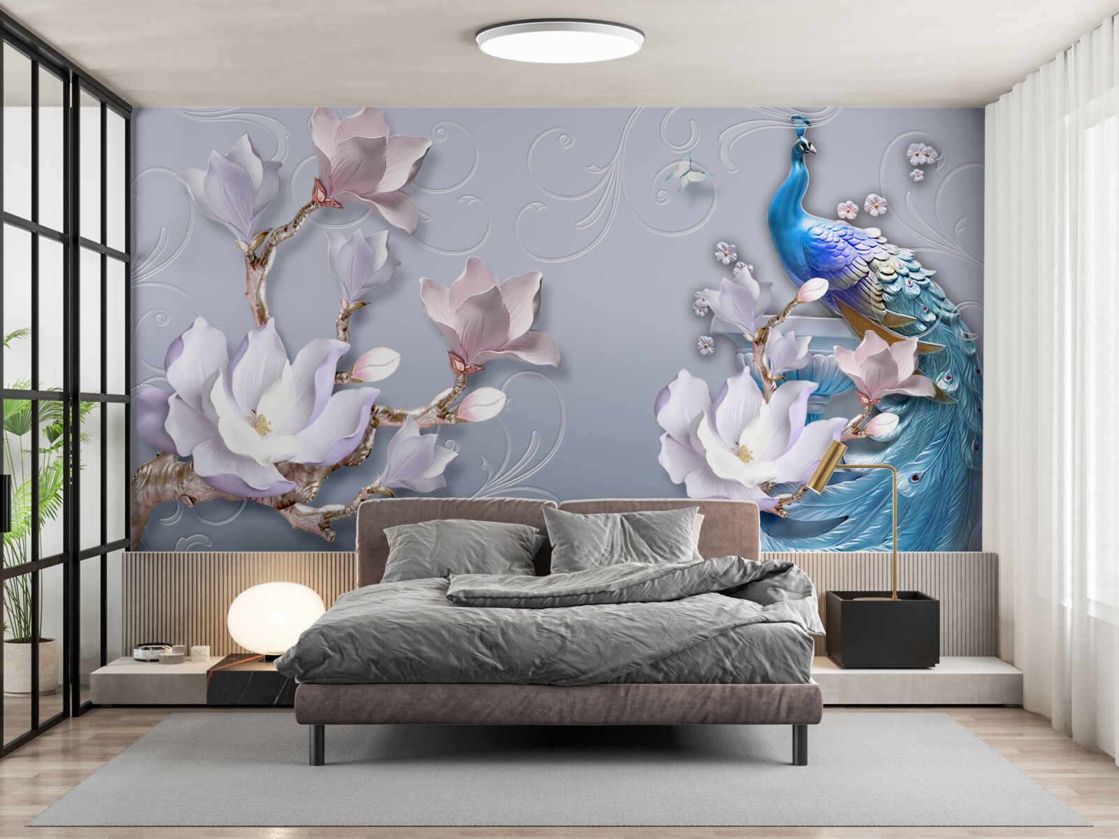 Fototapeta wspaniały paw siedzący na kwitnącym drzewie