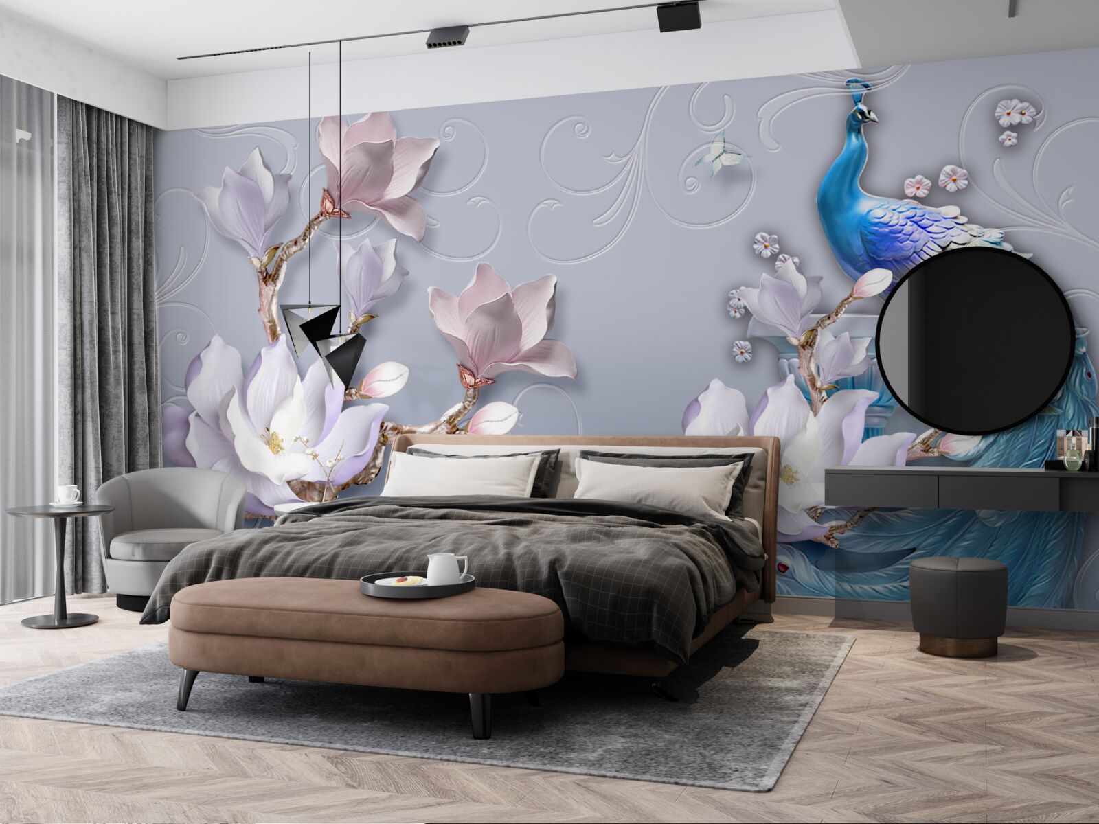 Fototapeta wspaniały paw siedzący na kwitnącym drzewie