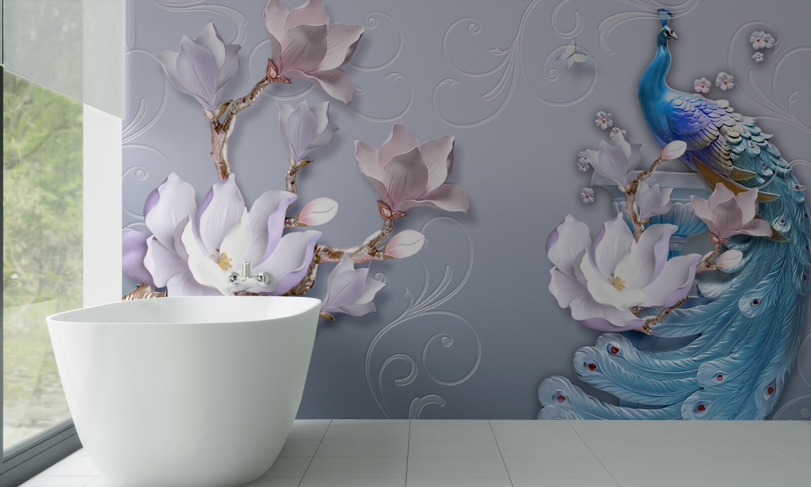 Fototapeta wspaniały paw siedzący na kwitnącym drzewie