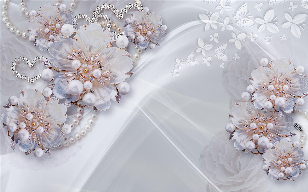 Fototapeta na jedwabiu znajdują się delikatne kwiaty ozdobione perłami