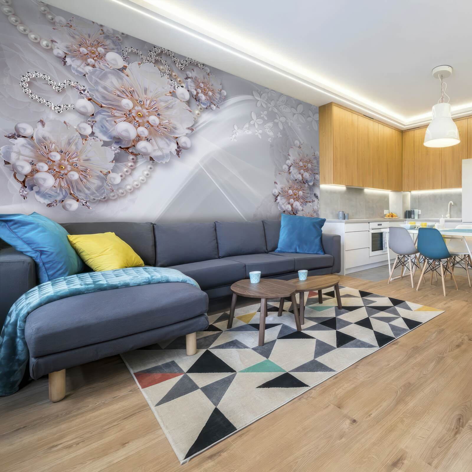 Fototapeta na jedwabiu znajdują się delikatne kwiaty ozdobione perłami