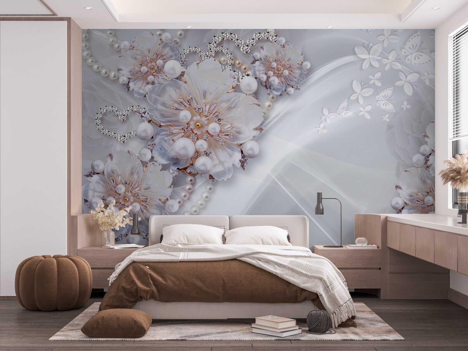 Fototapeta na jedwabiu znajdują się delikatne kwiaty ozdobione perłami