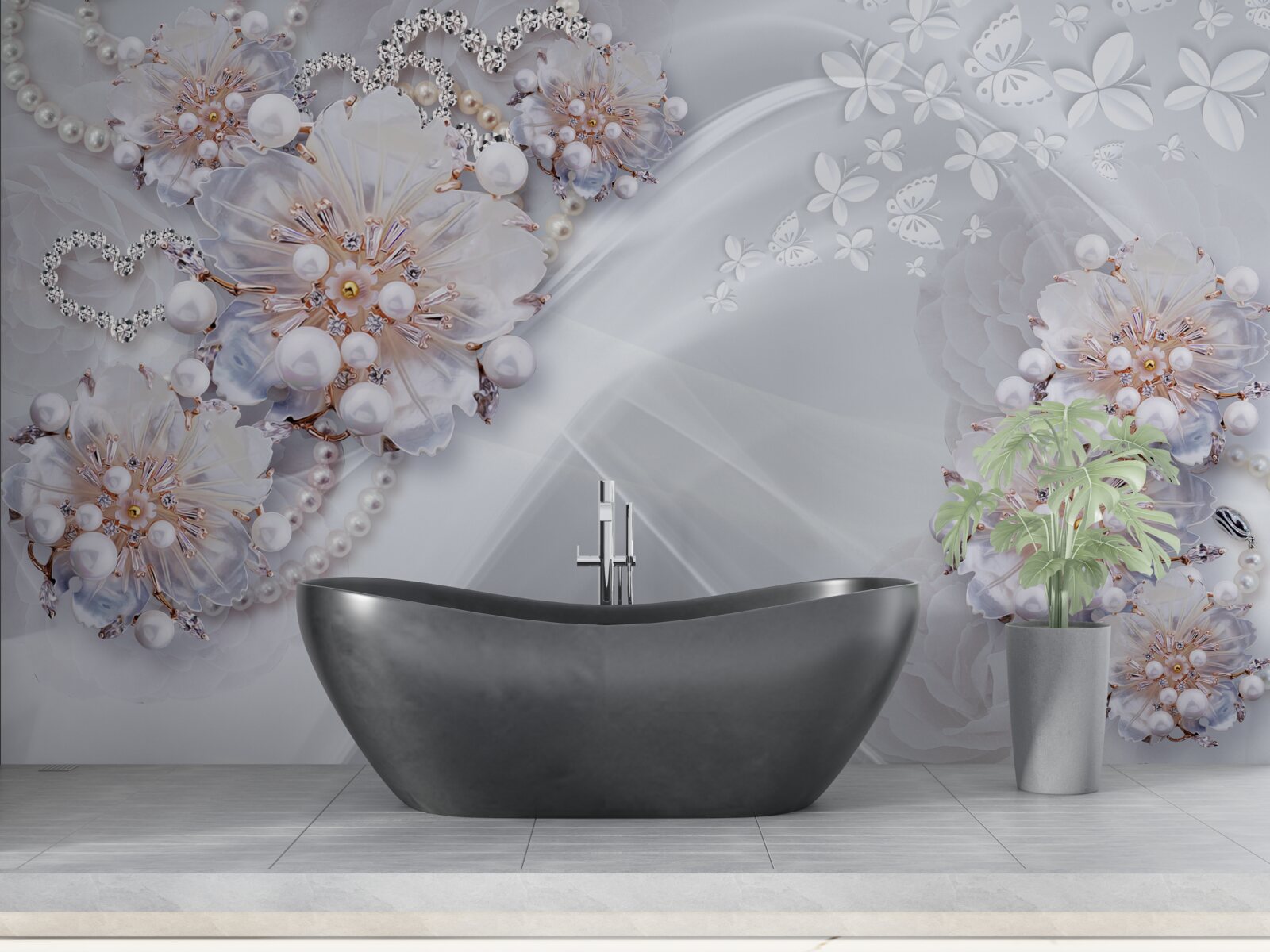 Fototapeta na jedwabiu znajdują się delikatne kwiaty ozdobione perłami