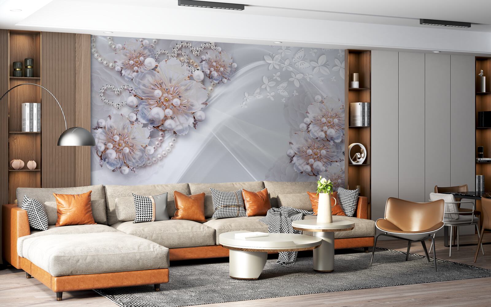 Fototapeta na jedwabiu znajdują się delikatne kwiaty ozdobione perłami