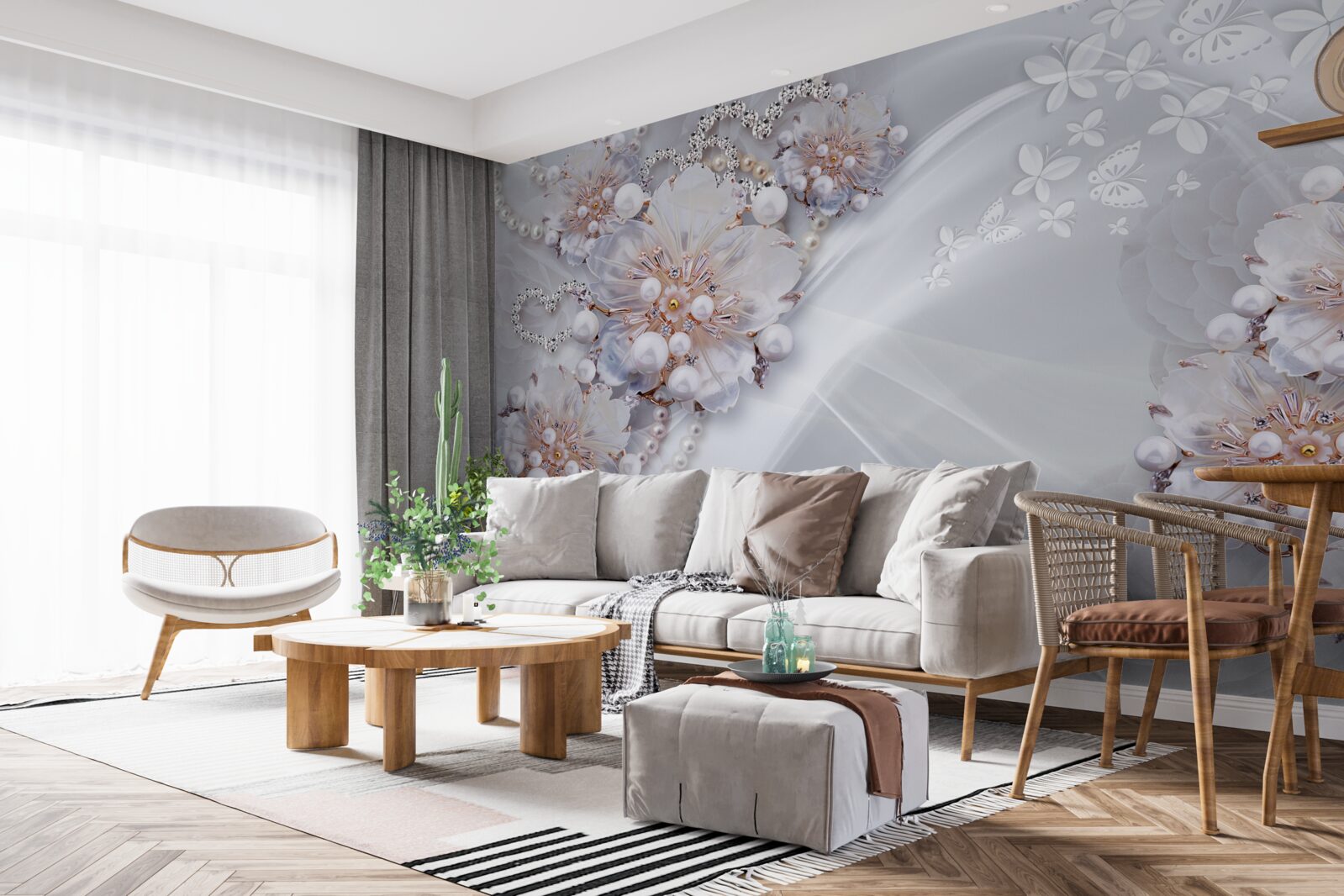 Fototapeta na jedwabiu znajdują się delikatne kwiaty ozdobione perłami