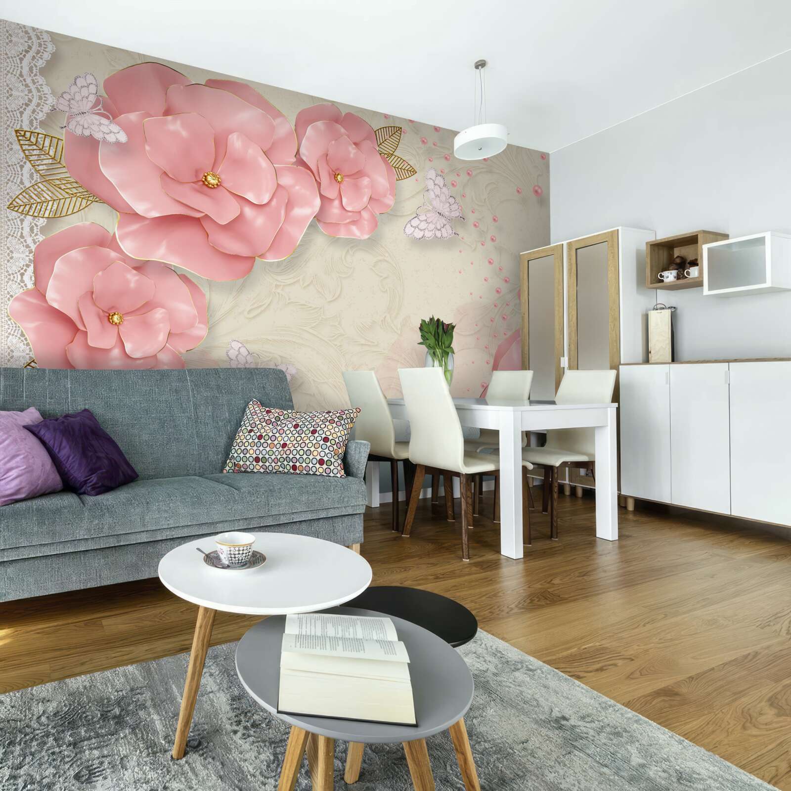 Fototapeta imponujące różowe pąki i czysto białe ćmy