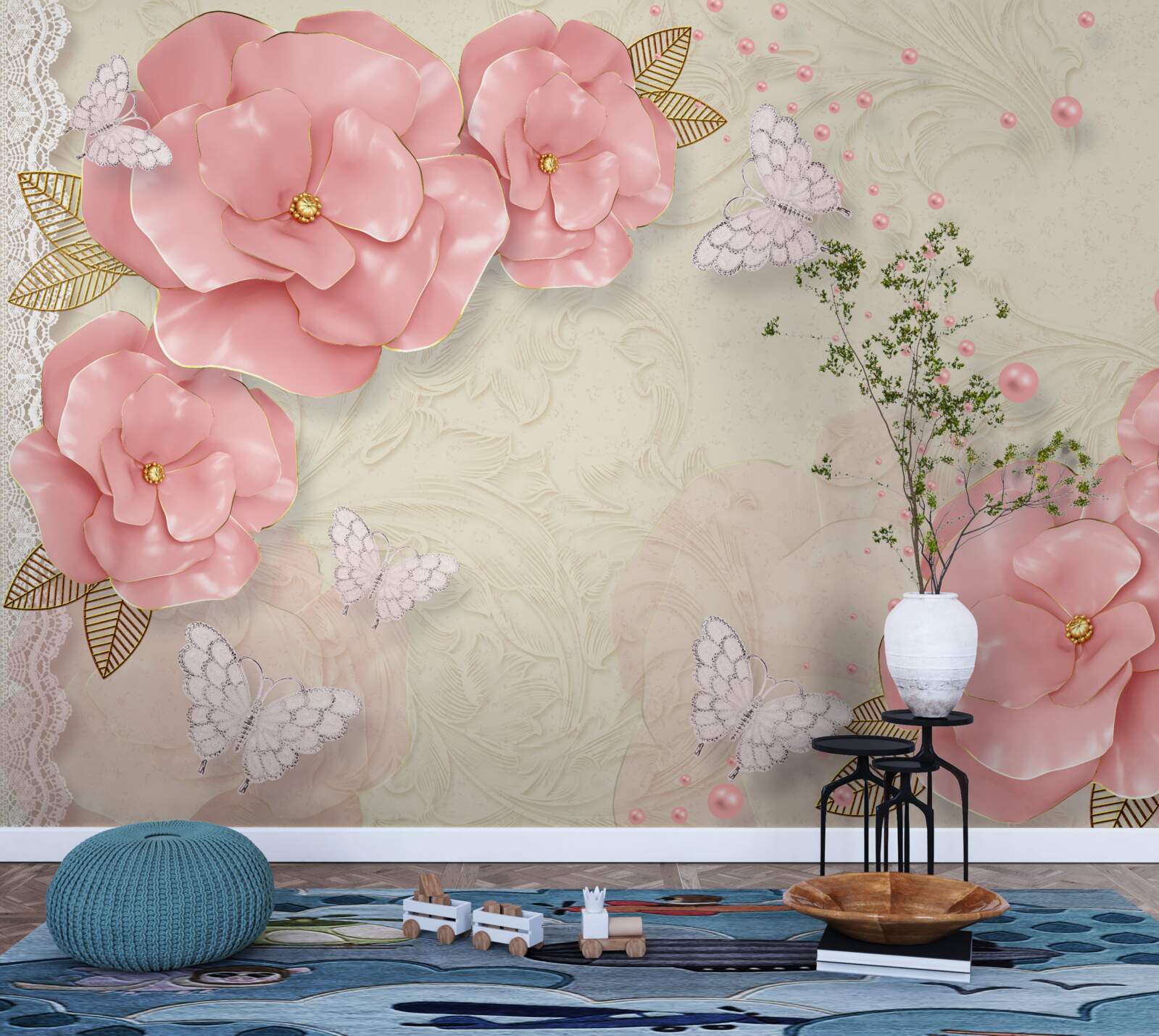 Fototapeta imponujące różowe pąki i czysto białe ćmy